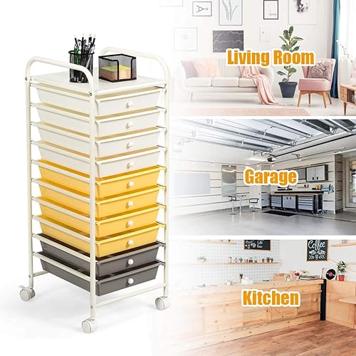 Miniatura 7 de RELAX4LIFE Carrito de almacenamiento con 10 cajones, ruedas rodantes, semi-transparente, multiusos, móvil con ruedas para la escuela, oficina,