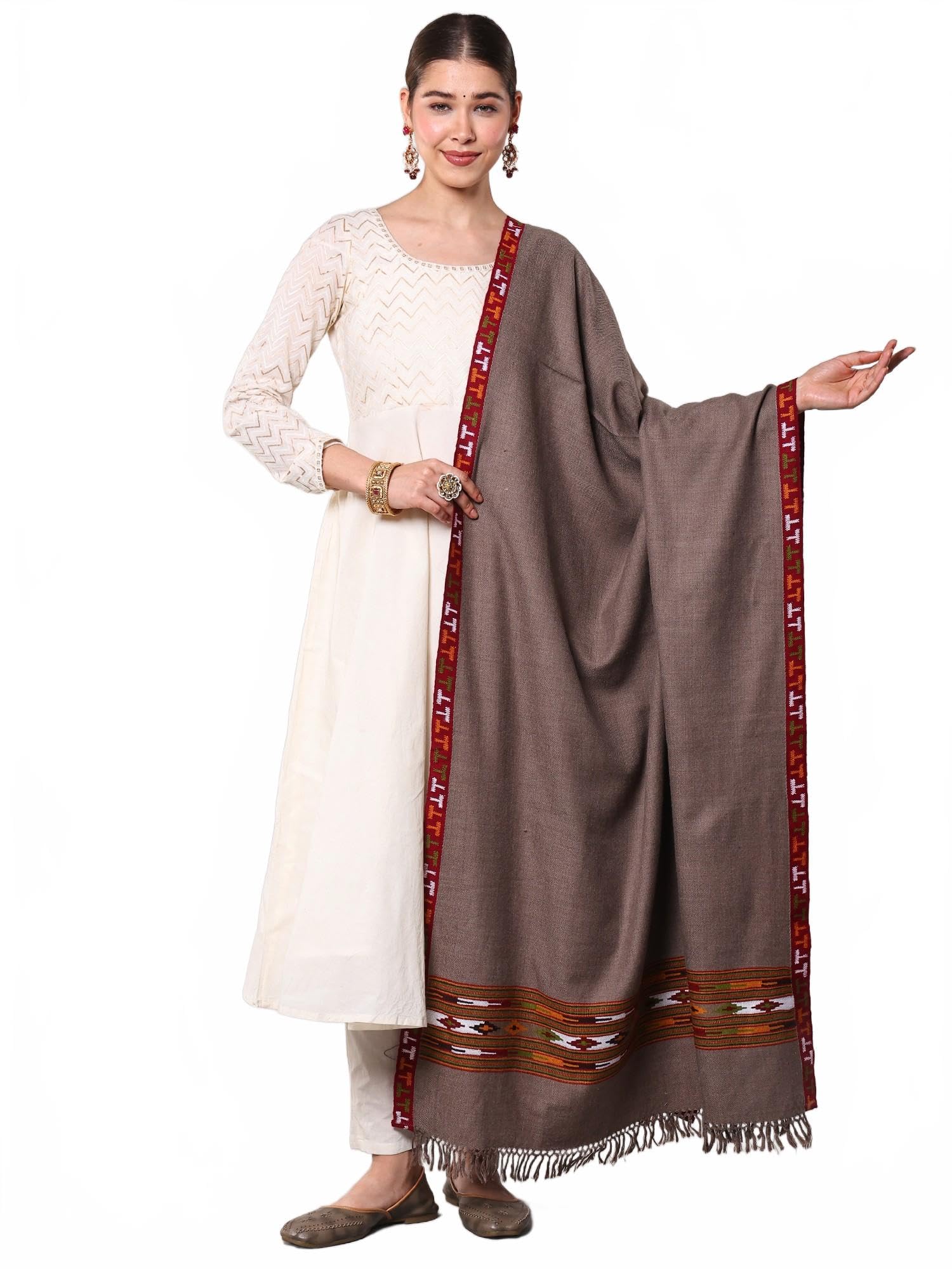 Women's Pure Wool Kullu Shawl with Kinnauri Woven Border Ethnic Design Stole, Scarves For Wedding-image-15