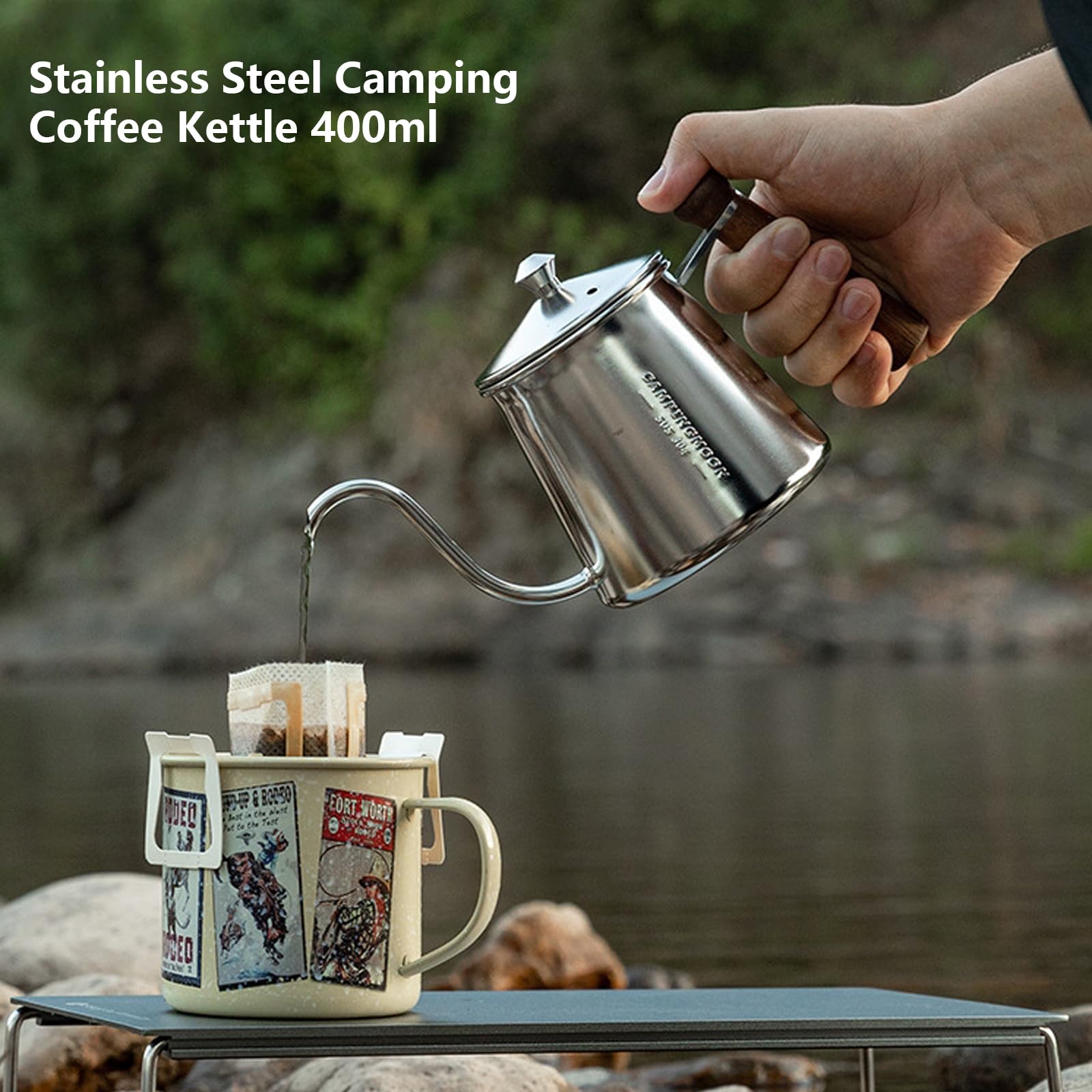 Campingmoon Bollitore da campeggio Bollitore da campeggio Bollitore da campeggio per fuoco aperto in acciaio inox campeggio all'aperto caffettiera teiera per acqua bollente 400 ml