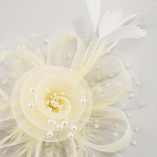 Miniatura 3 de Tocado para fiesta de té para mujer, de malla, con forma de flor, velo de plumas de perla, tocado Kentucky Derby con diadema y clip