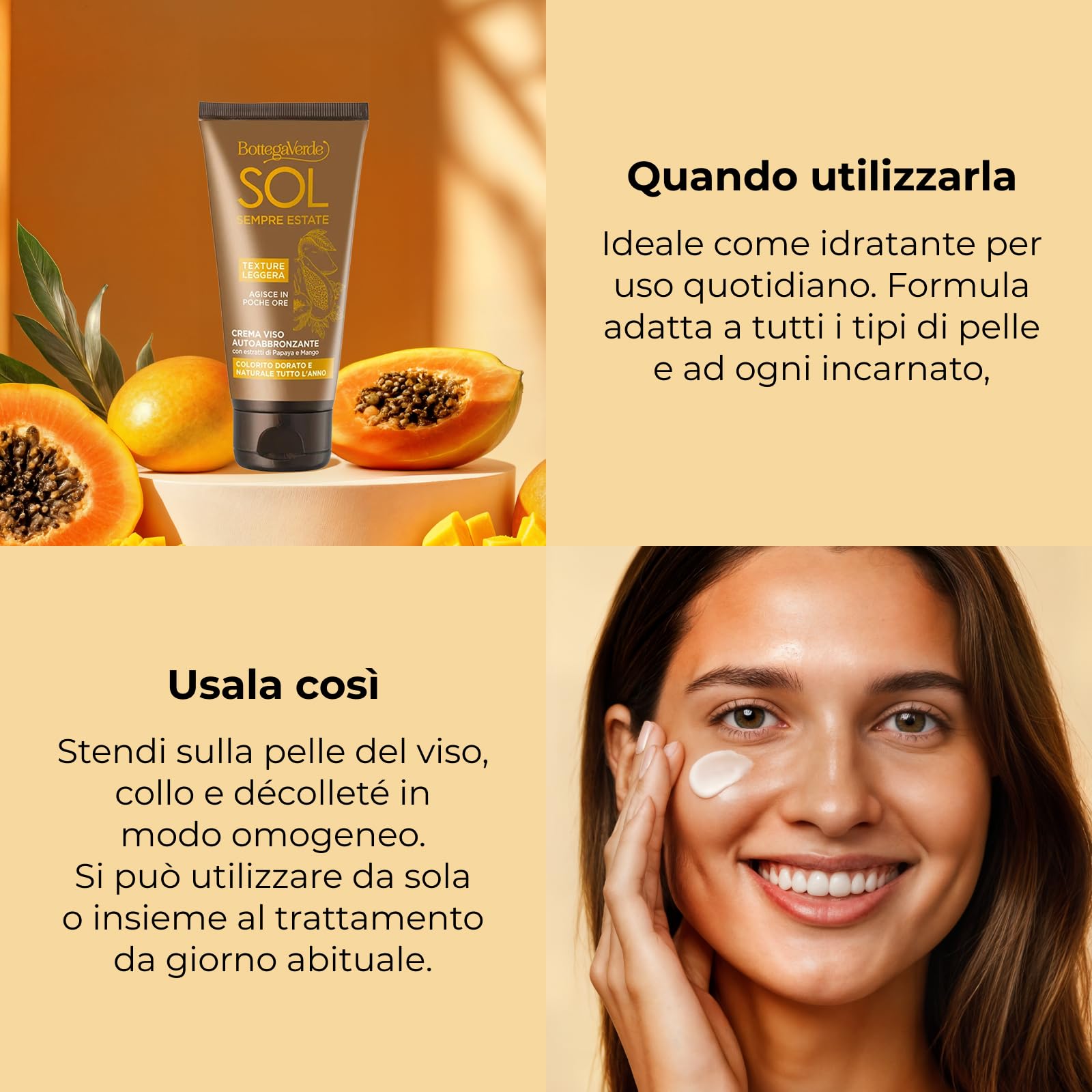 Bottega Verde - SOL Crema Autoabbronzante Viso - Effetto Naturale - Crema autoabbronzante per un colorito naturale e luminoso - 50 ml