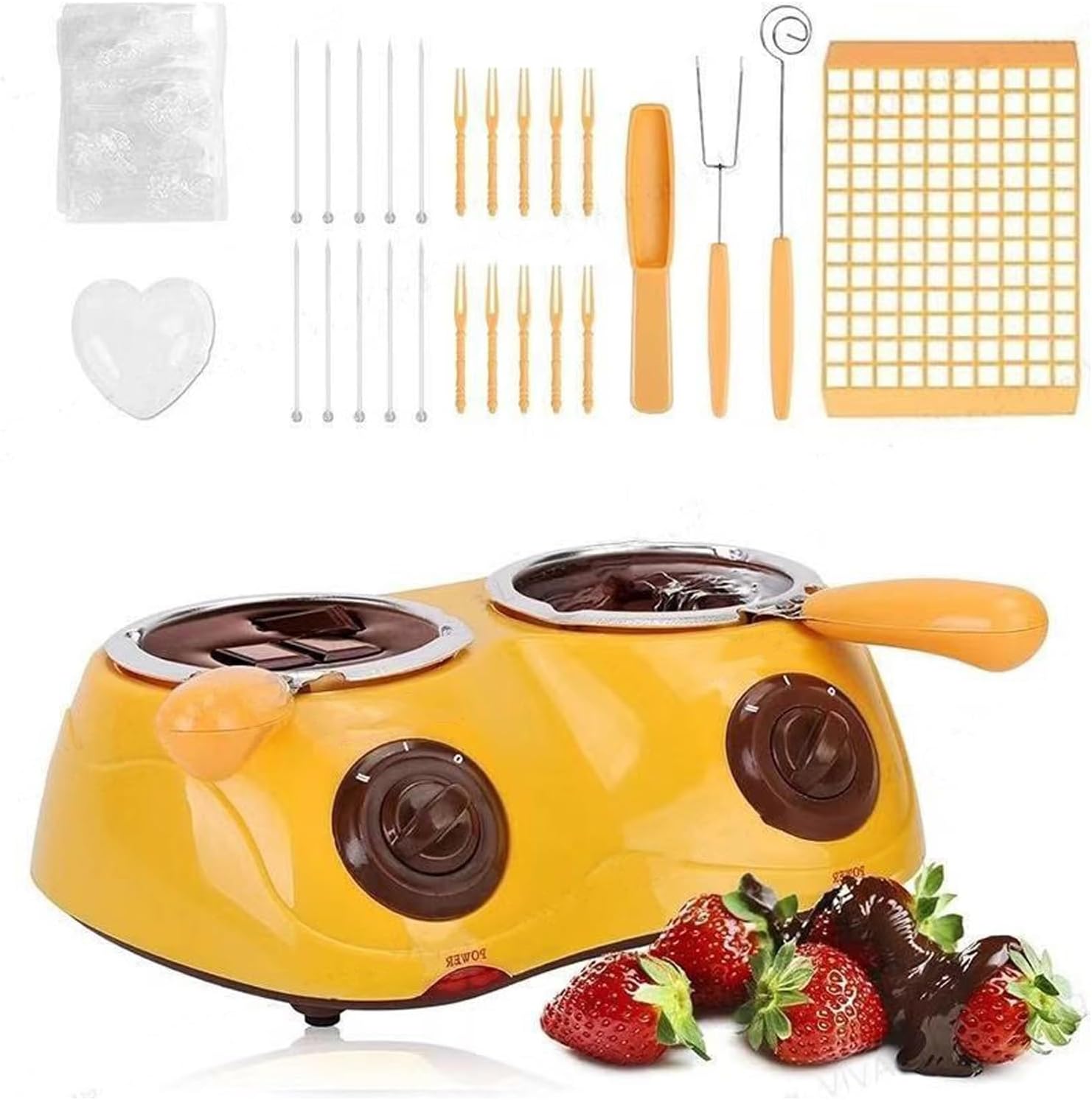 Electric Dual Chocolate Melting Pot, 250ML 2-Gear Candy Melter & Fondue Maker with 9 Molds, 10 Skewers, 12 Forks, Mini Warmer for Dessert, Cheese, Butter, Kitchen, Easter Party Gift (yellow,double)
