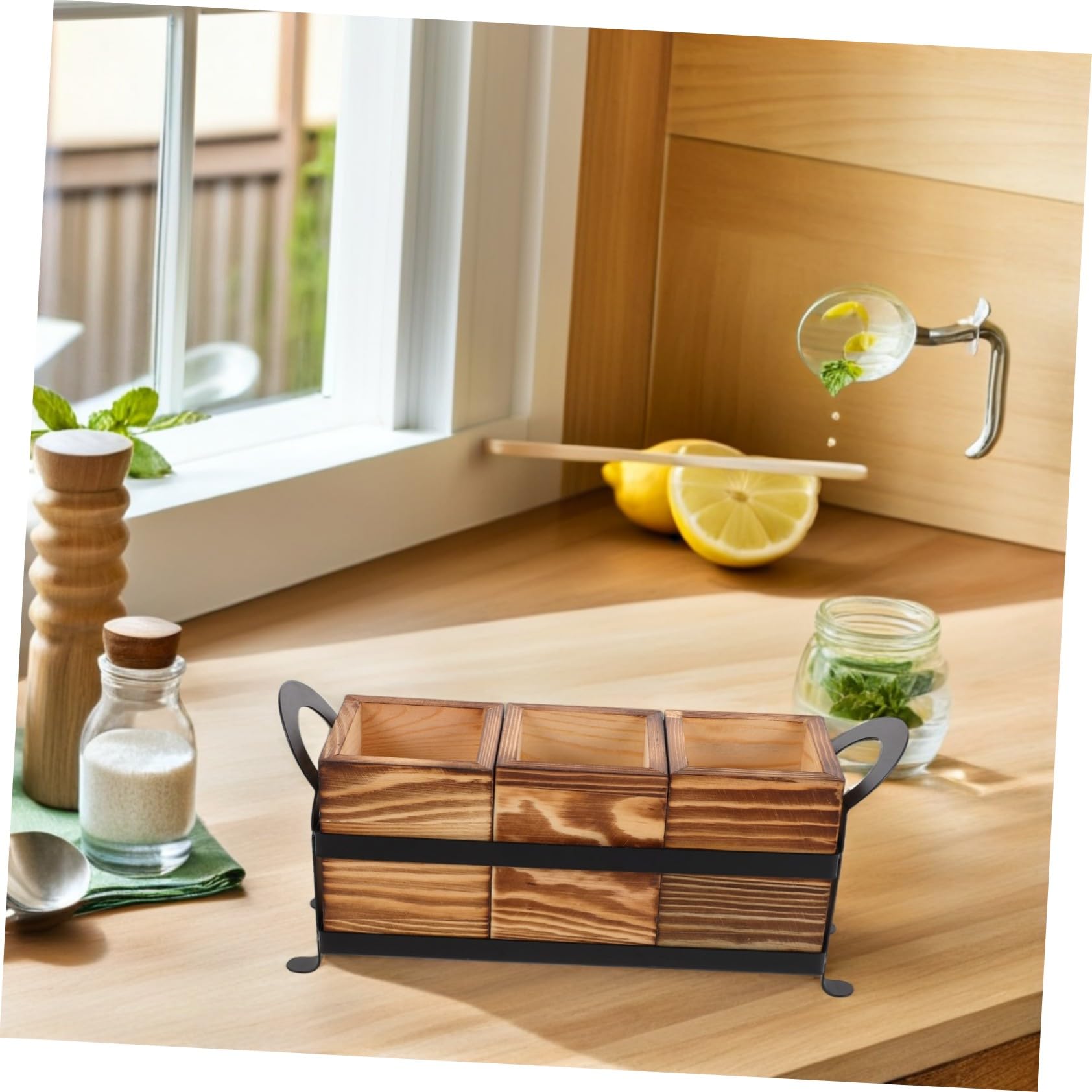 ABOOFAN Rustikaler Holz-utensilienhalter mit Eisenrahmen Multifunktionaler Küchen Schminkpinsel-organizer Stabiles Besteckfach für Küchenarbeitsplatte Praktischer Tisch Thekenorganizer