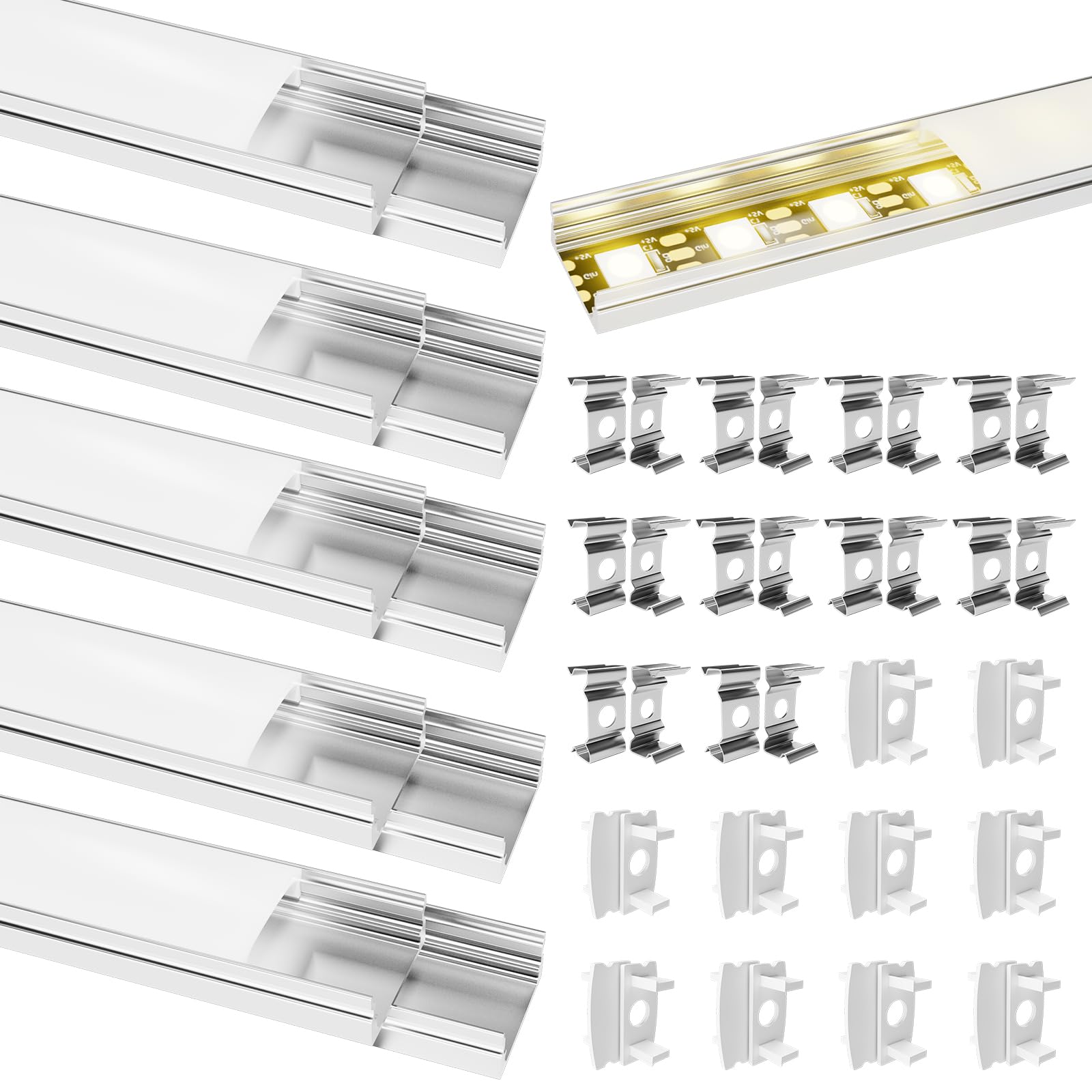 Confezione da 10 profili LED in alluminio 0.4 m, profilo in alluminio a forma di U 10 x 0,4m con copertura lattiginosa per strisce LED, listelli terminali e clip di montaggio (forma a U 10 x 0,4 m