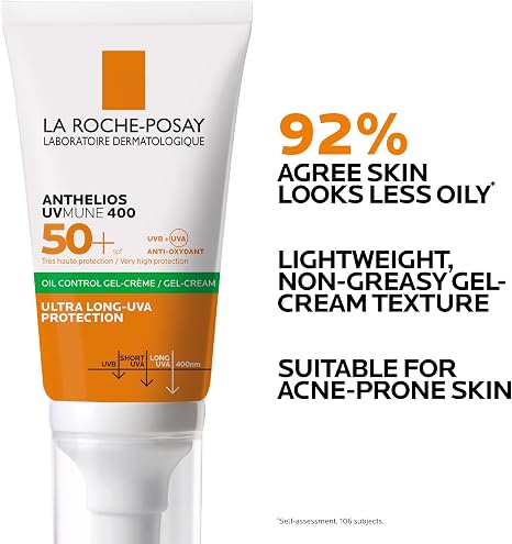La Roche-Posay Anthelios UVMune 400 Oil Control Gel Cream SPF50+, 50ml | Mattifying Sunscreen for Oily Blemish-Prone Skin, Airlicium Sebum Absorber, Ultra Long UVA Filter, Sweat Resistant