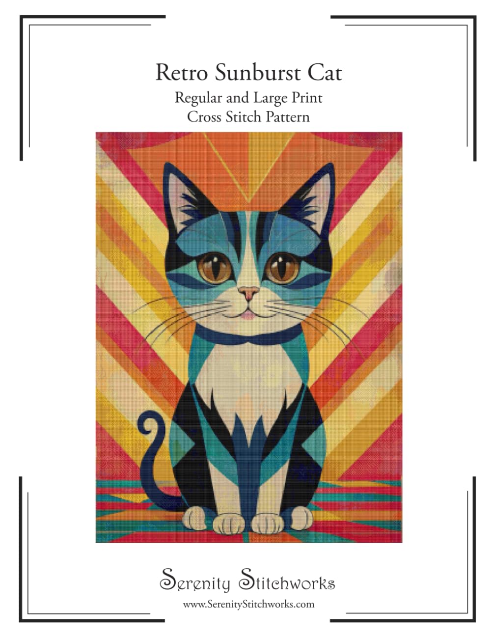 Retro Sunburst Cat Cross Stitch Pattern: Regular and Large Print Cross Stitch Pattern