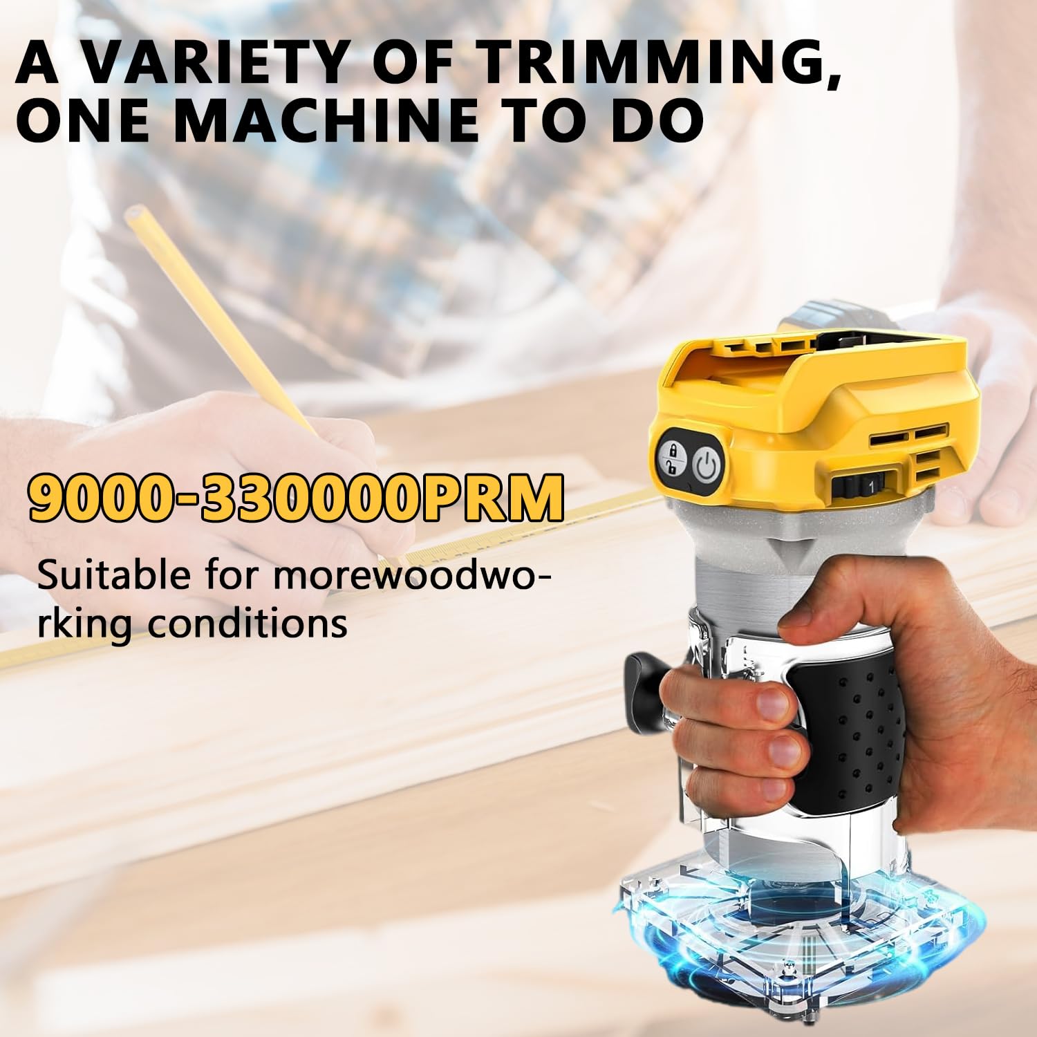 Fresadora superior Compatible con la batería Dewalt 20V, fresa sin escobillas de 1300W, recortadora, fresa de una mano de 6 velocidades, rueda guía, guía recta, 15 fresas y 2 llaves (sin batería)