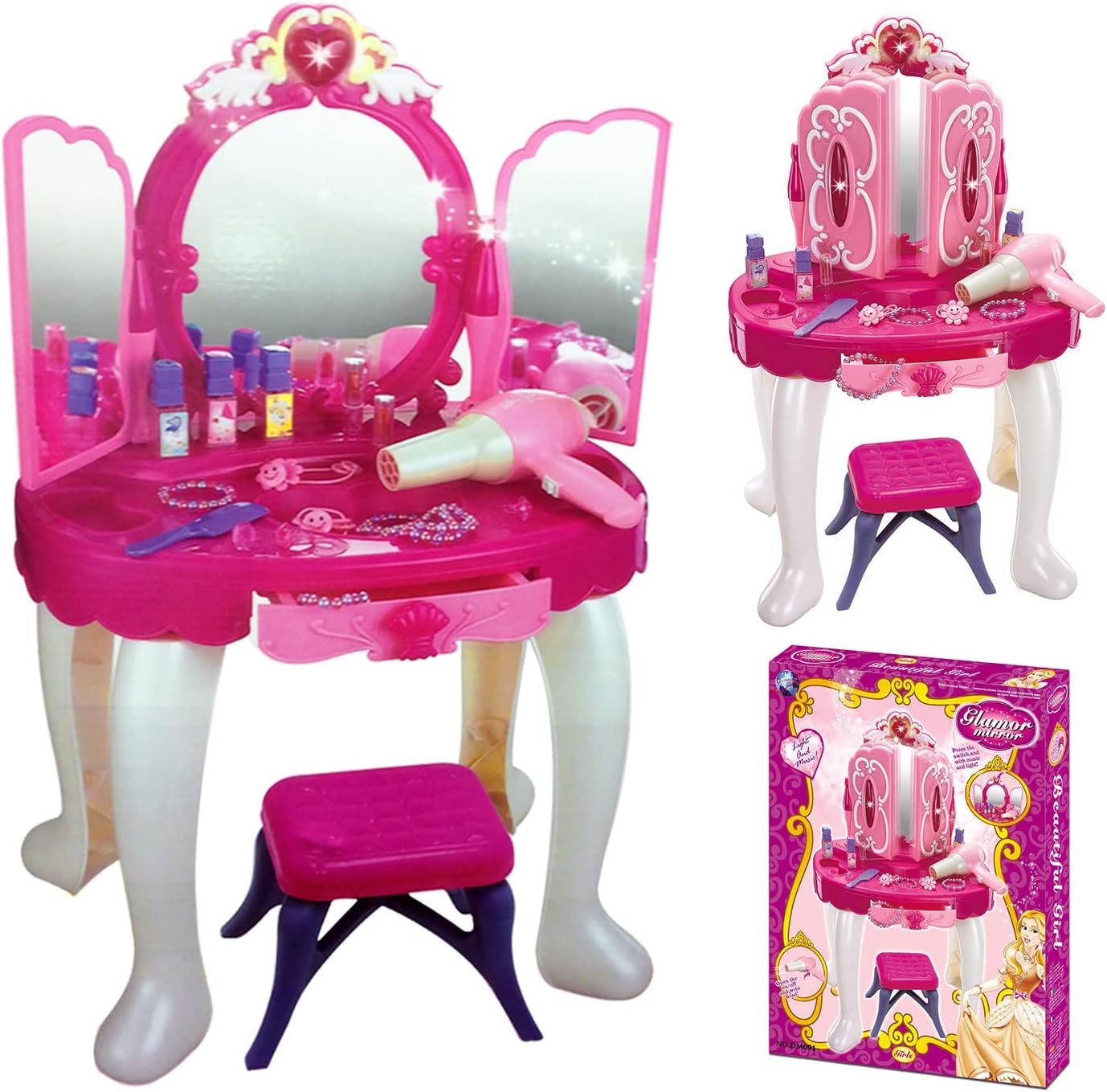Pink Kids Dressing Table with Mirror & Stool - Vanity Table & Chair Set for Girls & Toddlers
