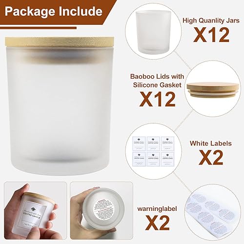 Miniatura 10 de CONNOO Paquete de 12 tarros de vela de vidrio negro mate de 10 onzas para hacer velas con tapas herméticas de bambú, bonitas etiquetas de