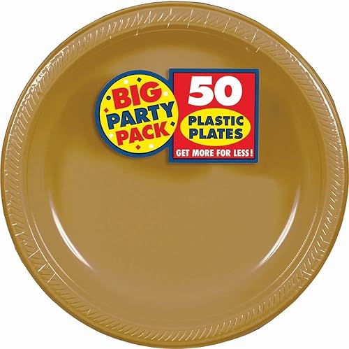 Amscan Platos de plástico desechables redondos dorados, 10.25 pulgadas (paquete de 50), vajilla resistente para fiestas, eventos y uso diario
