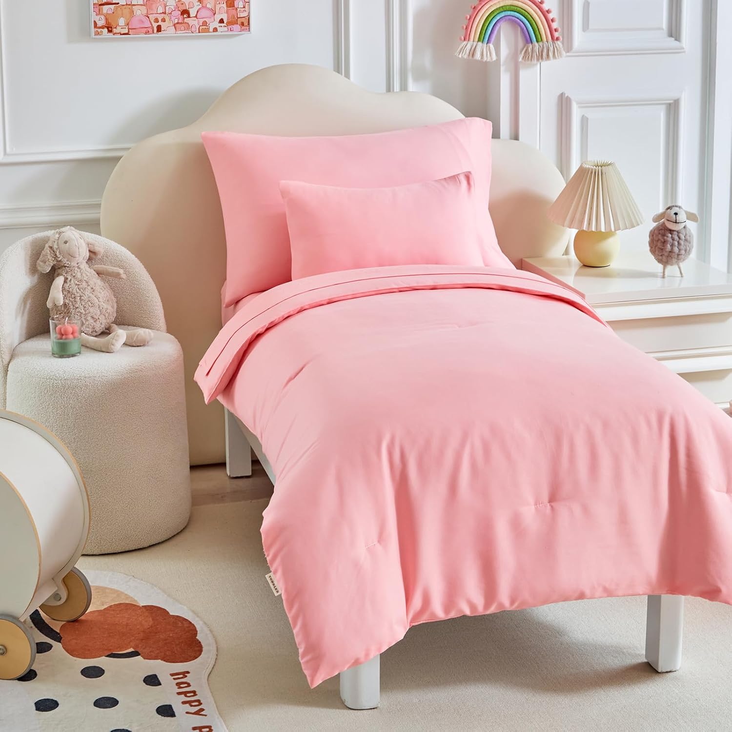 Kids Comforter Sheet Set - Soft and Breathable Bed Set Includes Quilted Comforter, Fitted Sheet, Flat Top Sheet, Pillowcase and Toddler Pillowcase for Toddler - 5 Pieces Toddler Bedding Set Pink