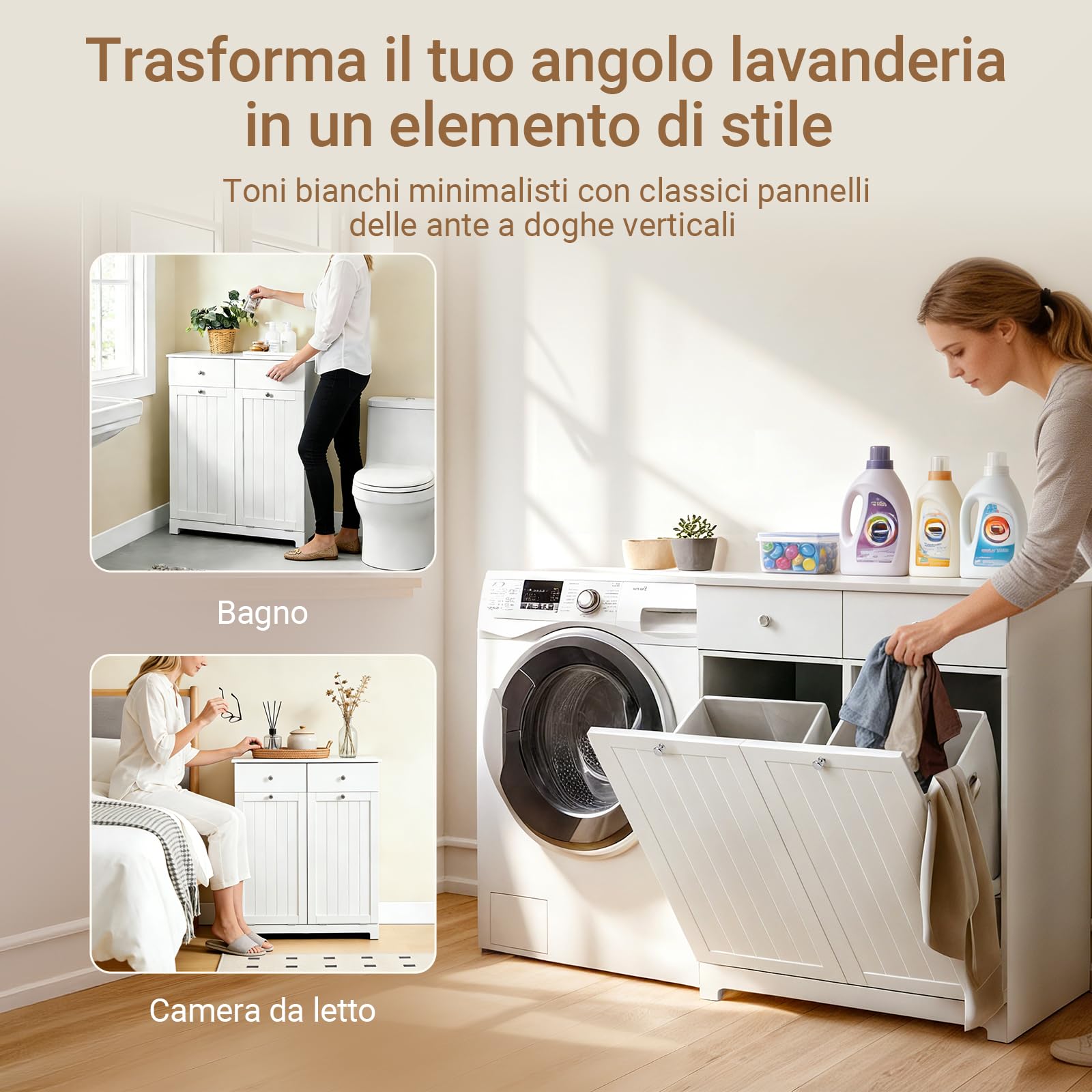 SoBuy Mobile Lavanderia in Legno Mobile Bagno con Portabiancheria a 2 Cassetti e 2 Ceste Bucato Rimovibili 90L Cassettiera Robusta Armadietto Salvaspazio per Famiglia Bianco 78x38x90 cm BZR33-II-W