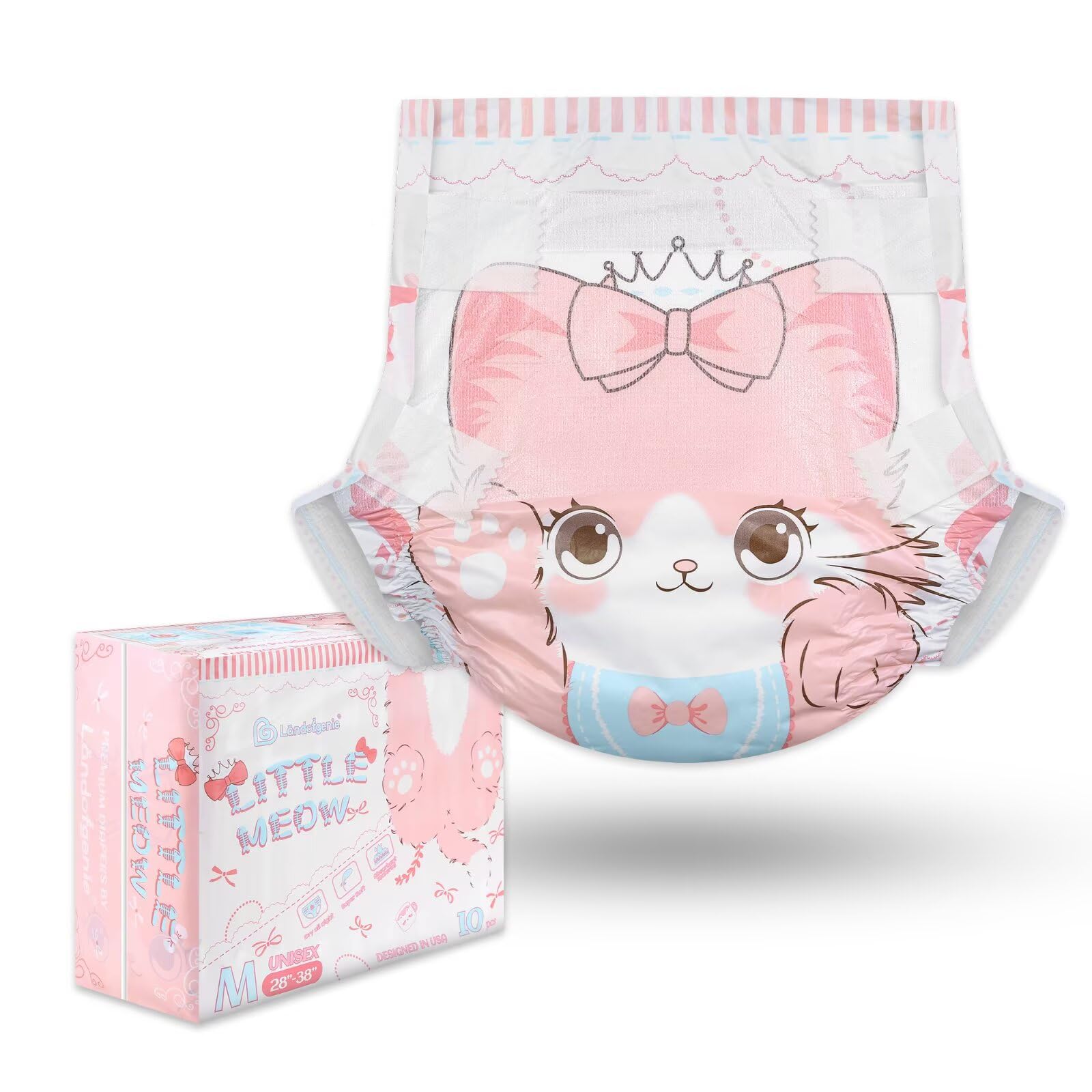 Landofgenie Pannolini stampati per adulti regolabili con chiusura a , ad alto assorbimento, pannolino per la notte, 10 pezzi, gattino (L 91,4 - 116,8 cm)