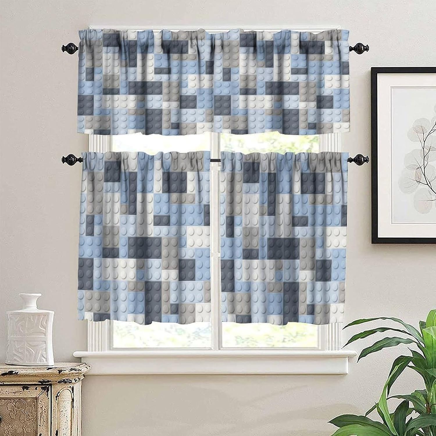 Building Block Toy Valance Curtains,Abstract Geometric Colorful Toy Brick Rod Pocket Small Window Treatments for Baby Room Boys Girls Bedroom Nursery Cafe 54''x18''+27''x36''x2（3 Piece）