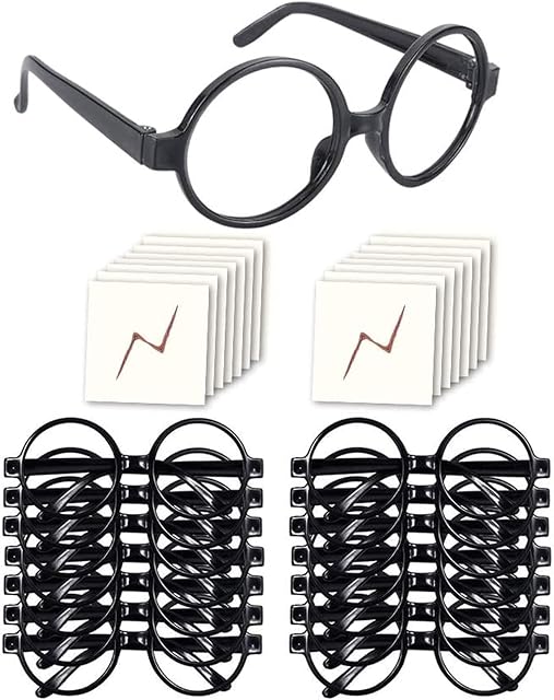 YoHold Wizard Glasses with Round Frame No Lenses and Lightning Bolt Tattoos for Halloween, St Patrick's Day Costume Party, 16 Pack of Each, Black