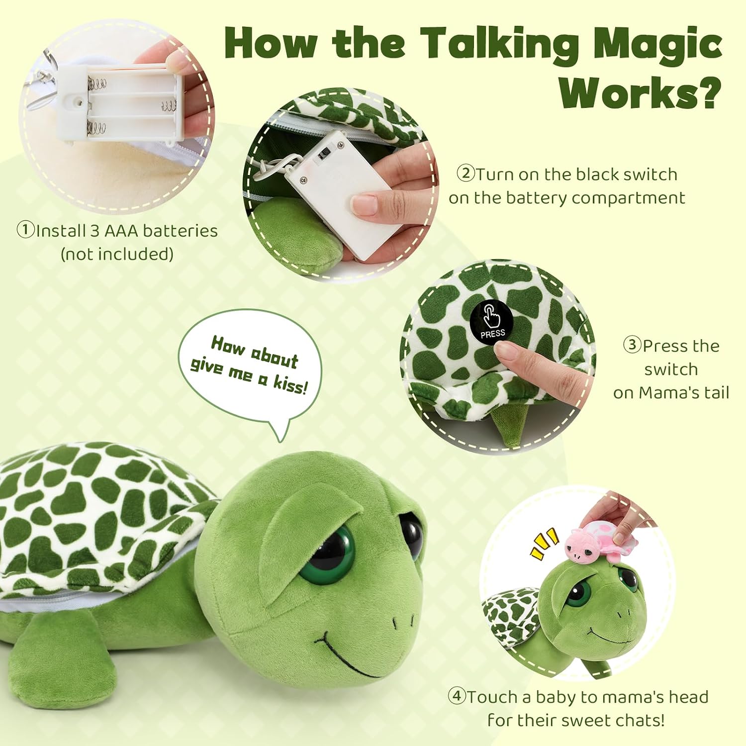 MorisMos Turtle Stuffed Animal with Babies Inside, 14'' Talking Mommy Turtle Plush with Babies & Eggs, 6PCS Interactive Sea Ocean Plush Toys Family with Gentle Voice, Big-Eyed Gift for Kids Girls image 5