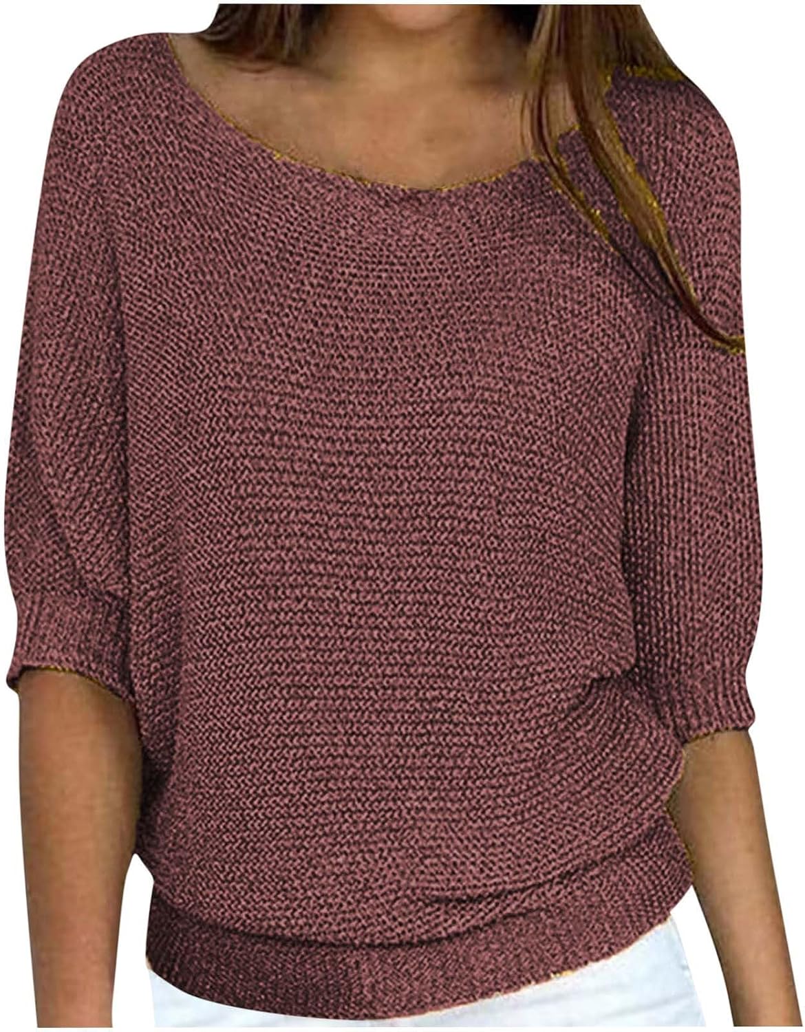 Boat Neck Sweaters for Women 3/4 Sleeve Knit Tops Blouse Solid Loose Casual Fashion Pullover Shirts
