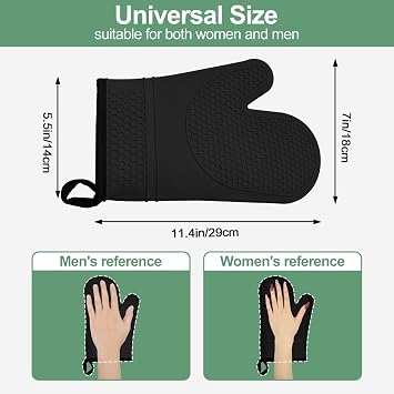 Silicone Oven Mitts Heat Resistant to 500oF - [Ultra Heat Resistant] [Thickened Liner] [Waterproof Silicone] Kitchen Oven Gloves Mittens for Cooking, 1 Pair (Black)