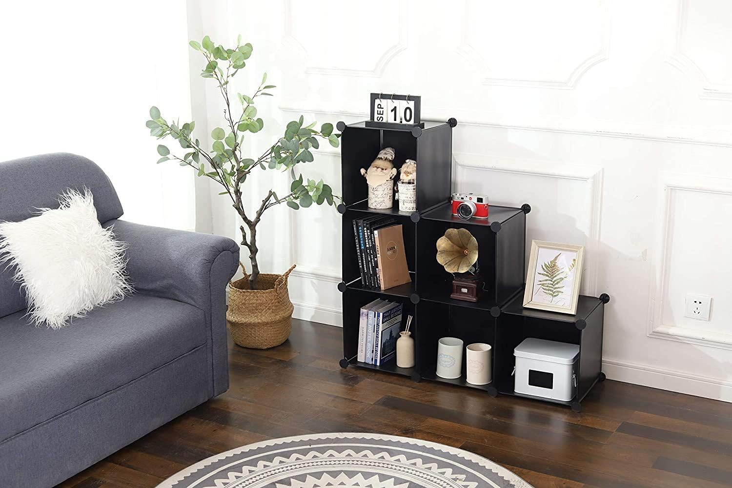 YCOCO Cube Storage Organizer 6-Cube Closet Storage Shelves with Wooden Mallet,Closet Cabinet Bookshelf,Plastic Square Cube Storage for Home,Office, Kids Room,Black