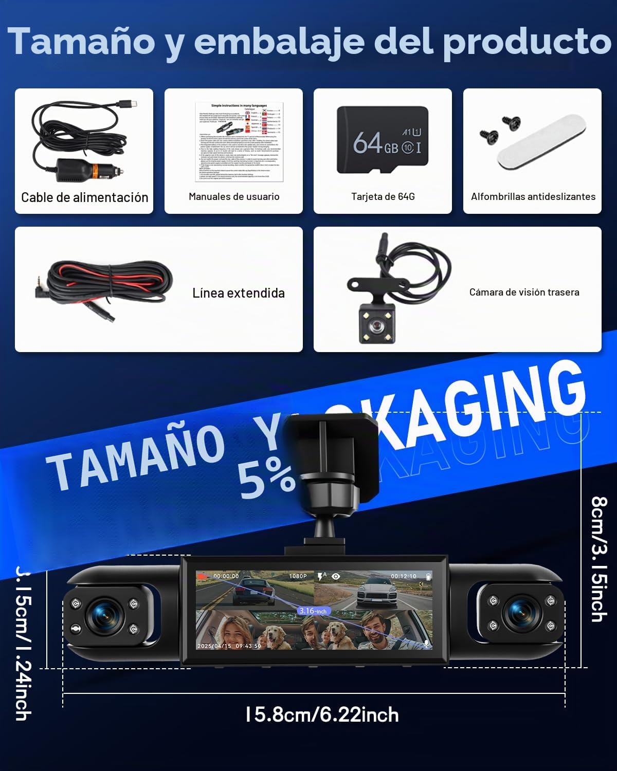 NHOPEEW Cámara Frontal y Trasera de 4 Canales para automóviles con Pantalla de 3,16 Pulgadas - Cámara de salpicadero con visión Nocturna 360° 8R, grabación en Bucle y detección de Movimiento