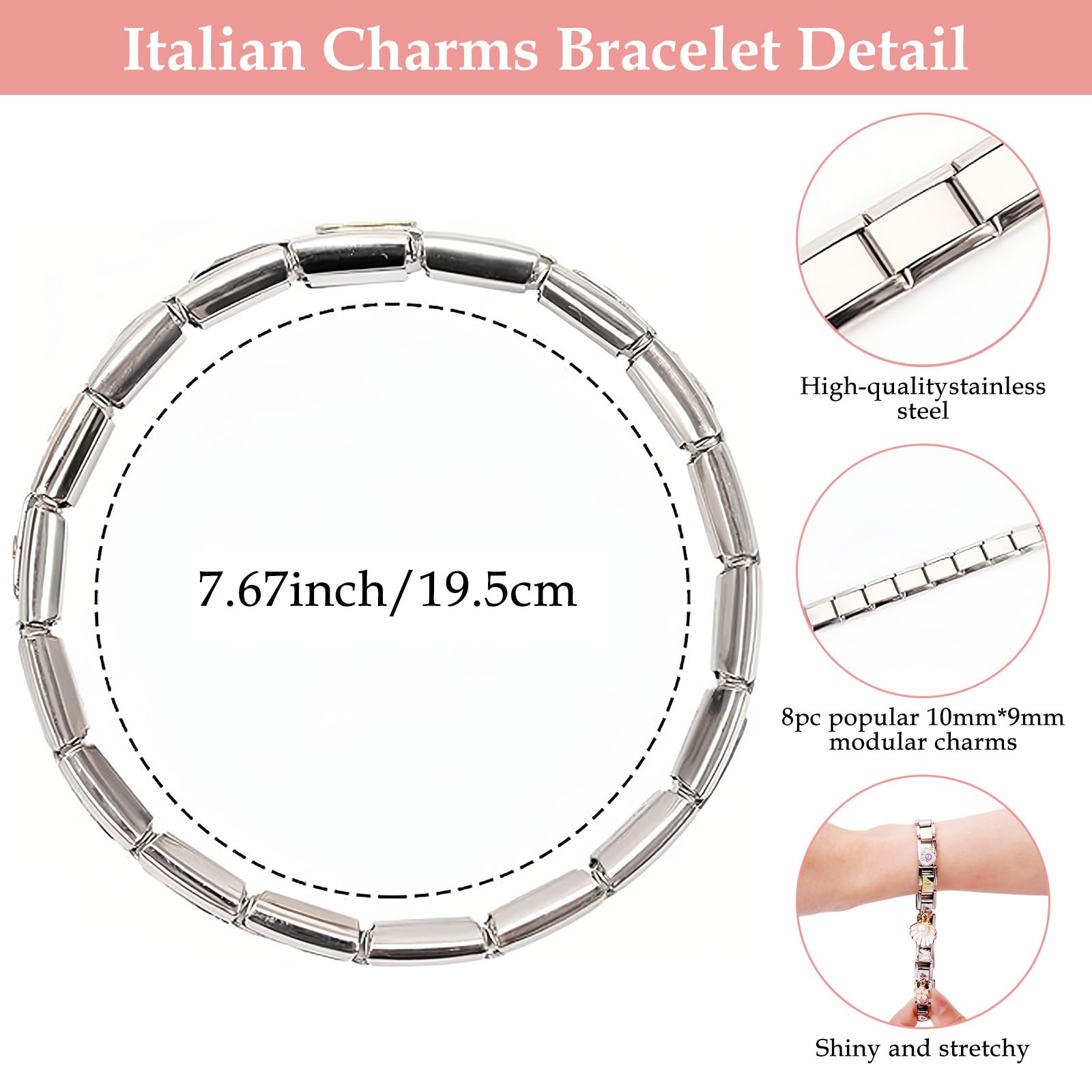POFIBO Italian Charm Bracelet - 8 Charms con Herramientas de Apertura, 9 mm Módulo de Acero Inoxidable Extraíble, Pulsera Italiana para Amigas Madres