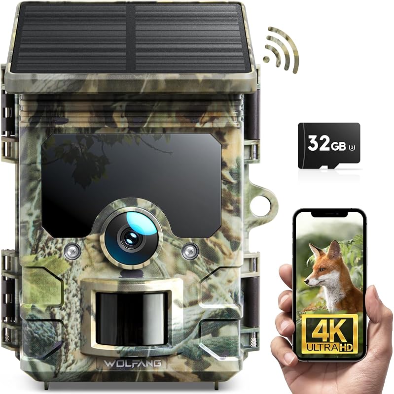 WOLFANG Napelemes Vadkamera 4K 68MP Mobilos Átvitellel - 120° Széles Látószögű WiFi/Bluetooth Vadmegfigyelő Kamera Éjjellátóval, IP66 Vízáll
