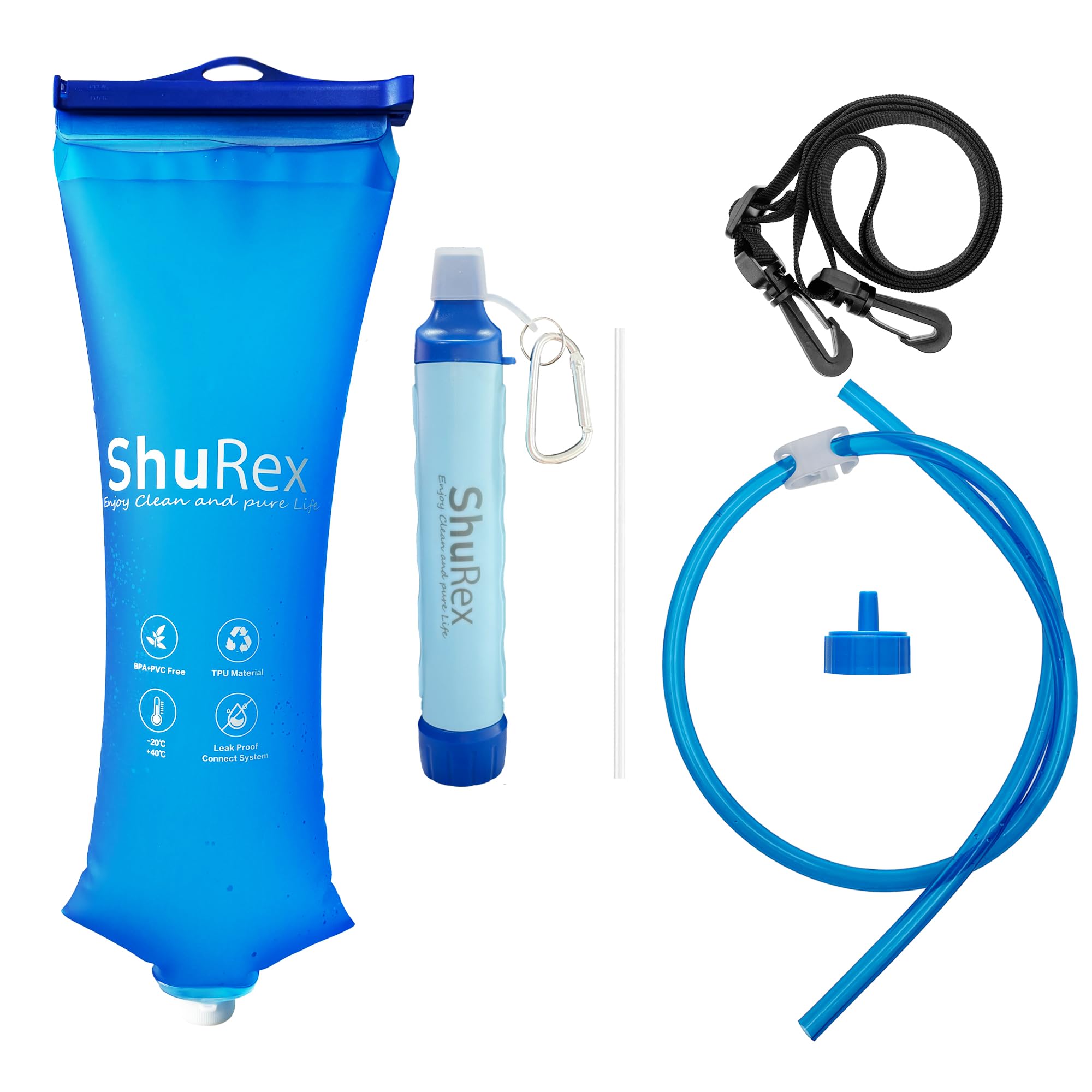 Système de filtration d'eau par gravité, sac de 3 l avec paille filtrante, filtre à fibre creuse et filtre à charbon, pour camping et urgence