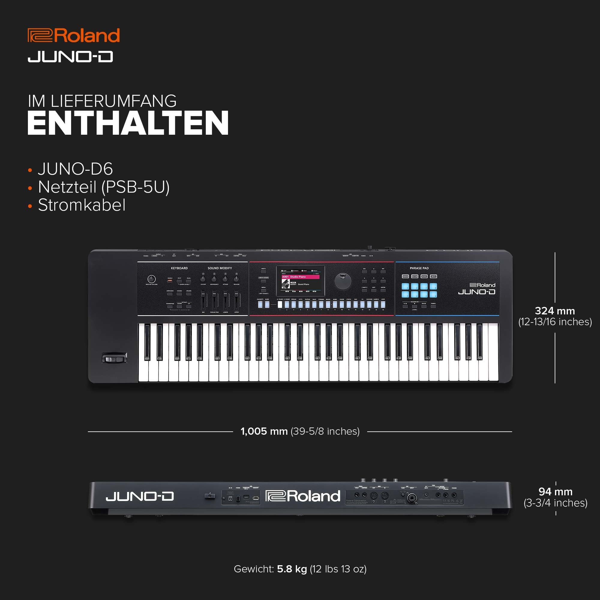 Roland JUNO-D6 Synthesizer | Synthesizer-Tastatur mit 61 Tasten | ZEN-Core Engine mit über 3.800 integrierten Sounds | Intuitive Kreativwerkzeuge | USB-C Audio/MIDI Interface