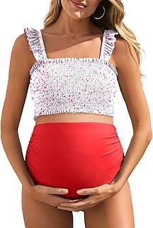 Maternity High Waist Bikini Swimsuit Two Piece Ruffled Hem Cute Bathing Suit Floral Pregnancy Swimwear