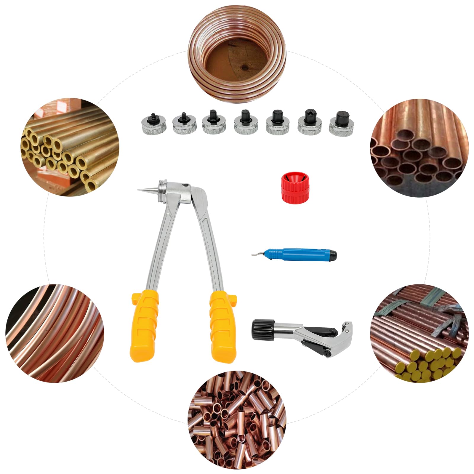 Juego de expansores de tubos manuales, con 7 alicates de expansión de tubos, kit de expansión manual para tubos de 10-28 mm para tubos de cobre, latón y aluminio.