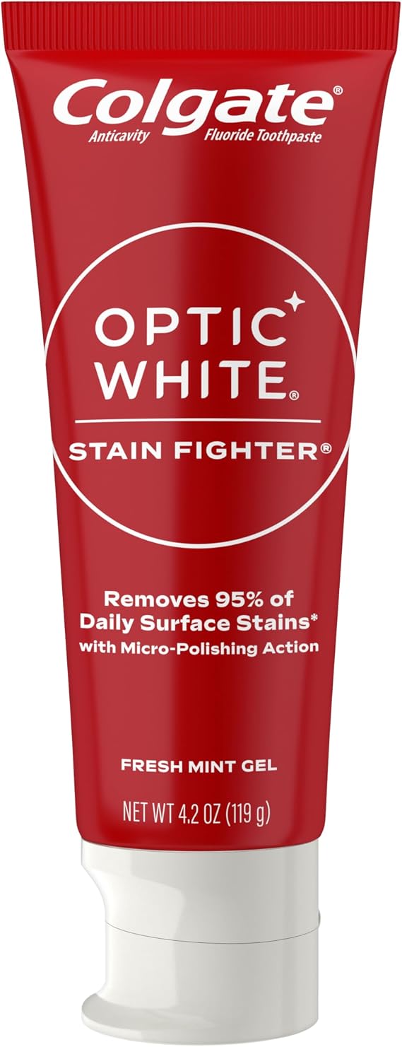 Colgate Optic White Stain Fighter Teeth Whitening Toothpaste, Anticavity Fluoride Toothpaste for Whitening Teeth, Helps Remove Daily Surface Stains, Fresh Mint, 4.2 oz