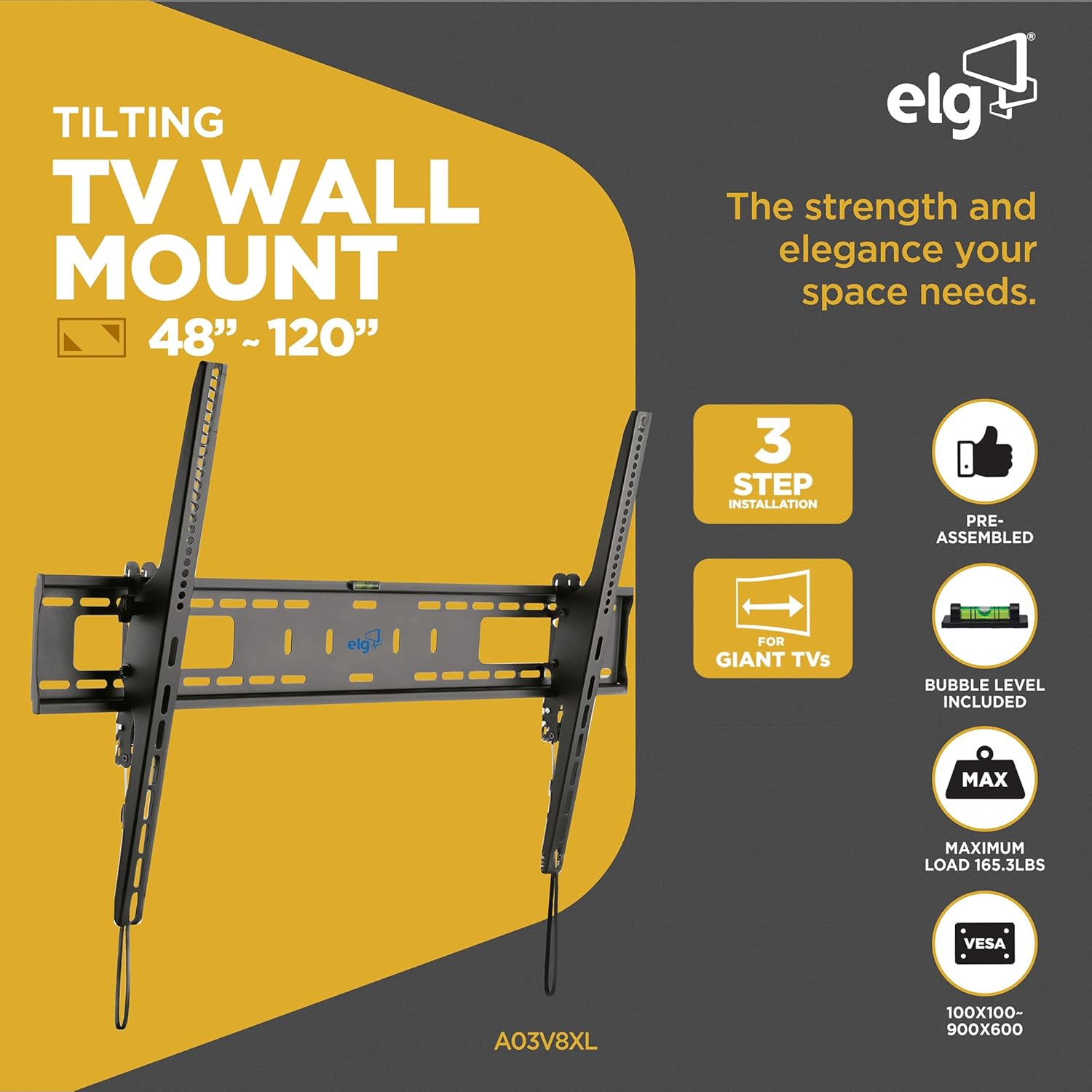 Tilting TV Wall Mount for 55-100 Inch TVs, Heavy Duty Slim Profile Design, Universal VESA 100x100 to 900x600, Supports up to 165 lbs, Easy 3-Step Installation with Bubble Level – ELG A03V8XL