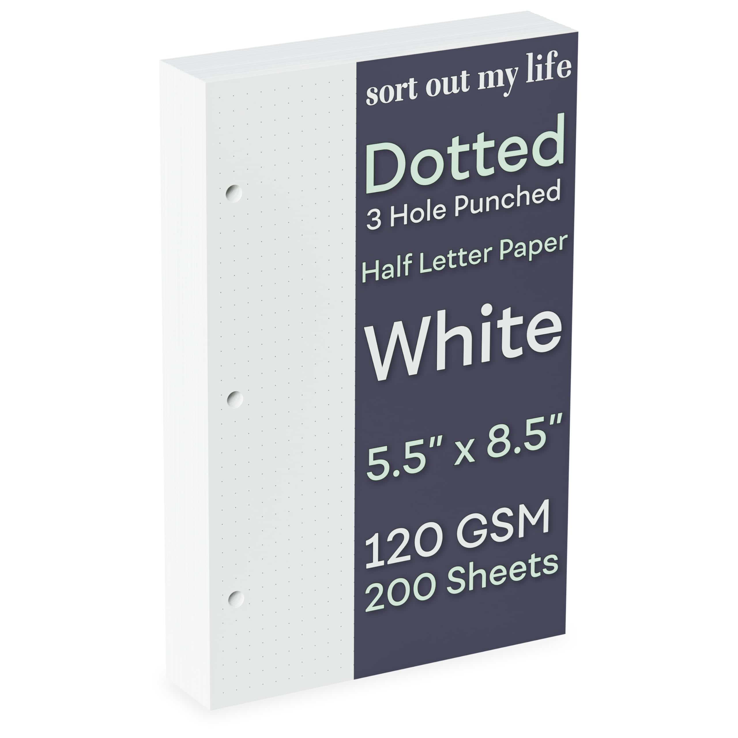 Half Letter 3-Hole Punched Dot Grid Paper, 200 Sheets, 120 GSM, 5.5 x 8.5 inch, Dotted Paper Planner Refill Inserts for Mini-Binders and 3-Ring Half