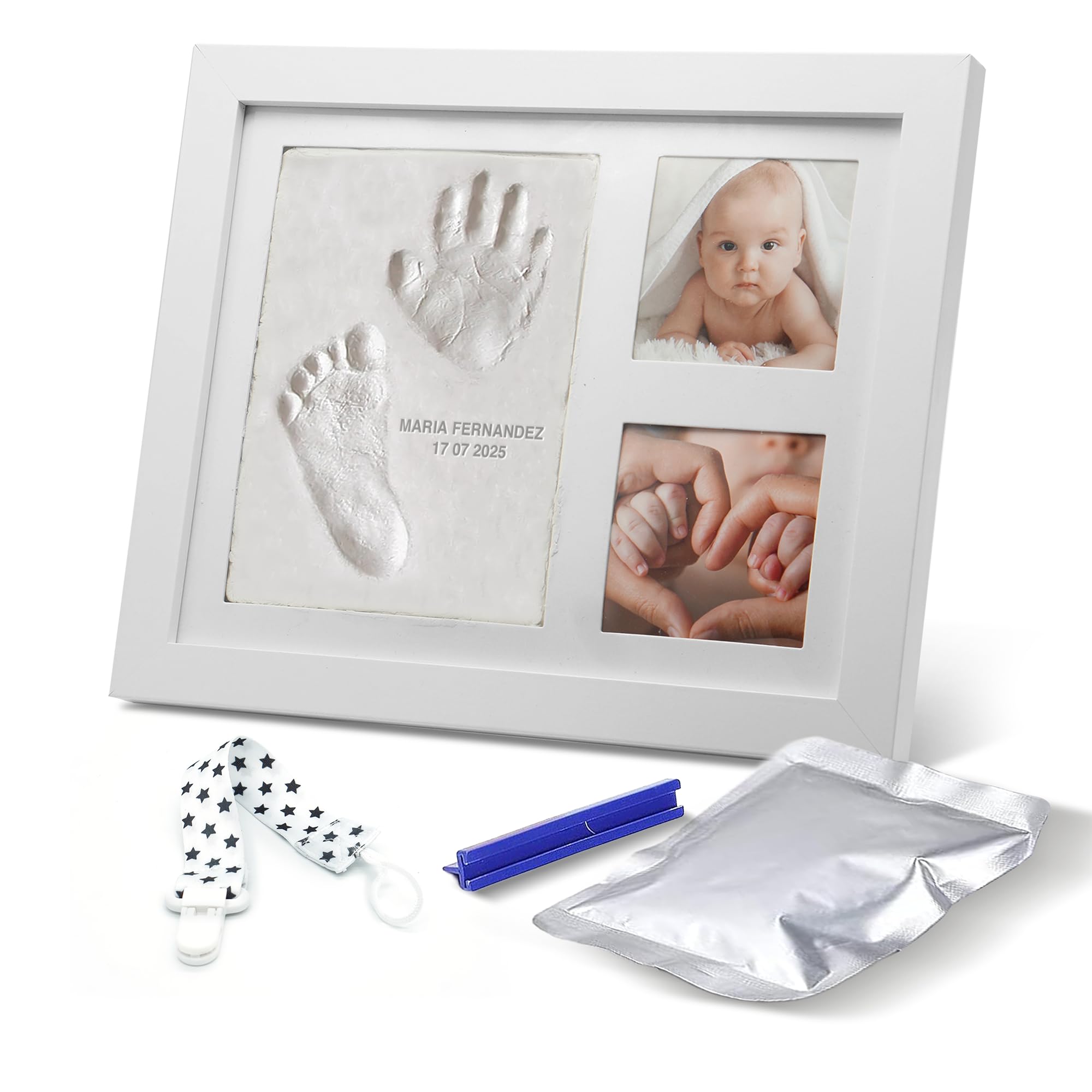 Atlants Marco de Huellas para Bebé, kit de arcilla segura y antigrietas, manos y pies, madera blanca premium, incluye rodillo, recuerdo original, regalo baby shower y mascotas