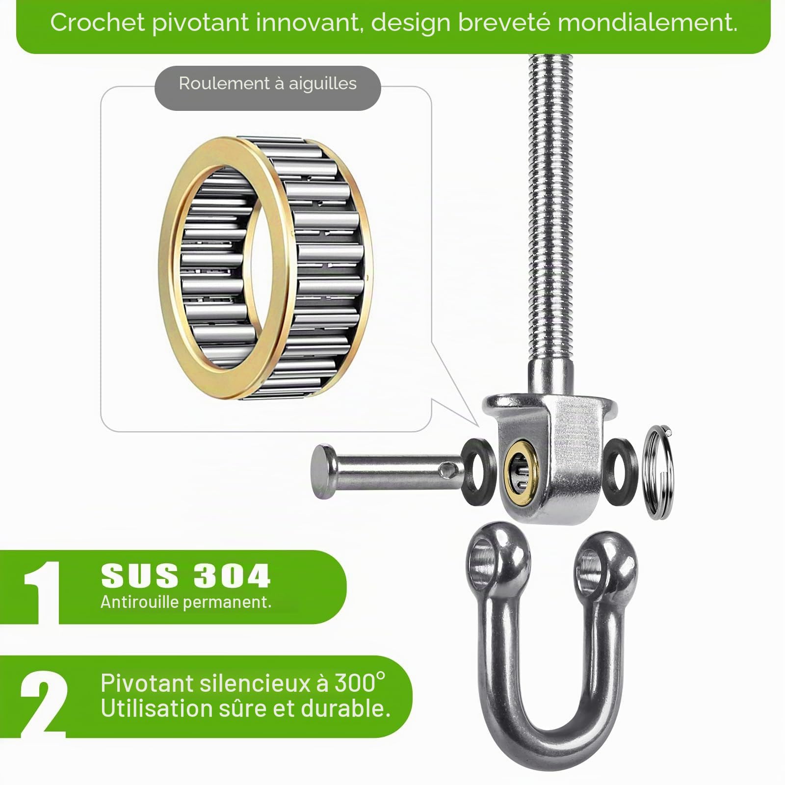SELEWARE Lot de 4 cintres robustes en acier inoxydable avec roulements – Boulons pivotants M10 x 22,9 cm – Capacité de 816,5 kg pour poutres en bois et en acier, hamac de yoga, balançoire de porche