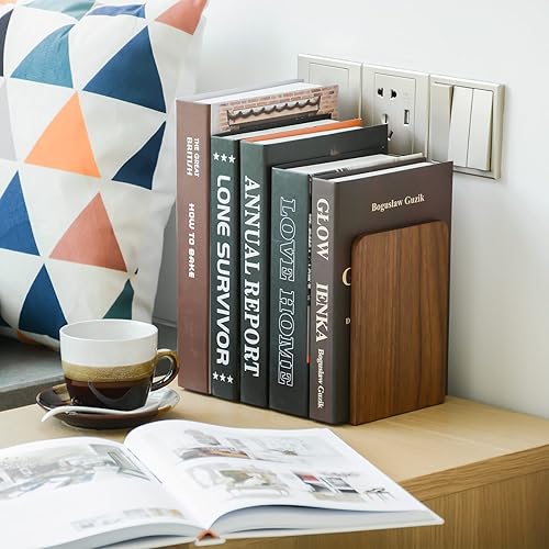 Miniatura 2 de Sujetalibros grande para libros pesados, 7 x 4 x 5 pulgadas, paquete de 3 sujetalibros de madera para libros pesados, extremos de libros de nogal
