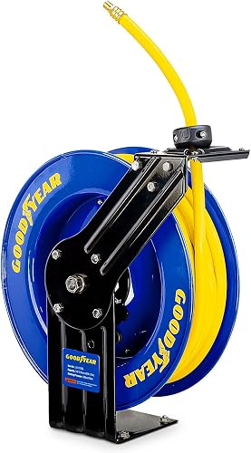 Air Hose Reel Retractable 3/8" Inch x 50' Foot SBR Rubber Hose Max 300PSI Heavy Duty Industrial Steel Single Arm Construction