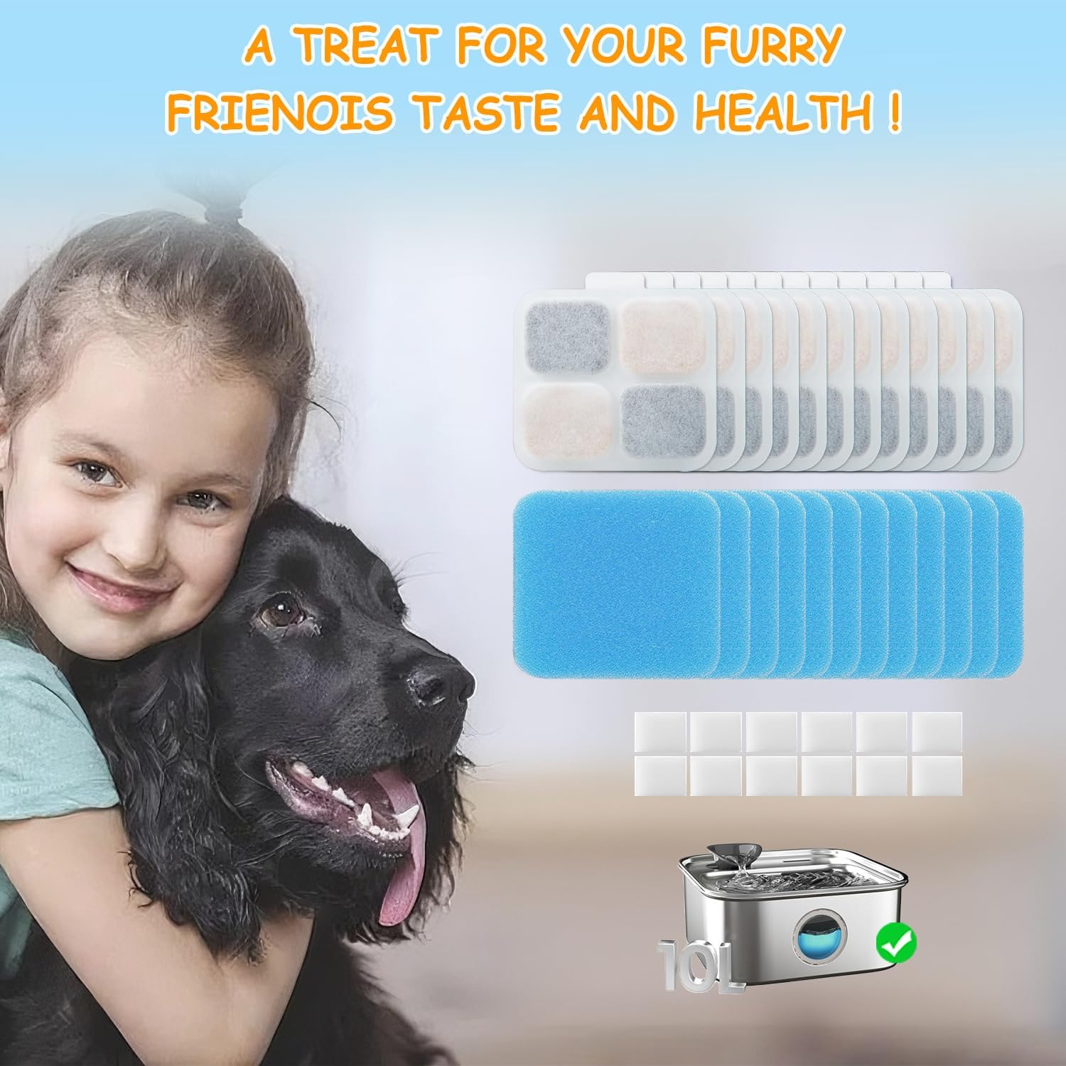 16+16 Pack Replacement Filters for Oneisall PW07SAU 10L/2.64Gal Stainless Steel Dog Water Fountain, Includes 16 Filters & 16 Sponges