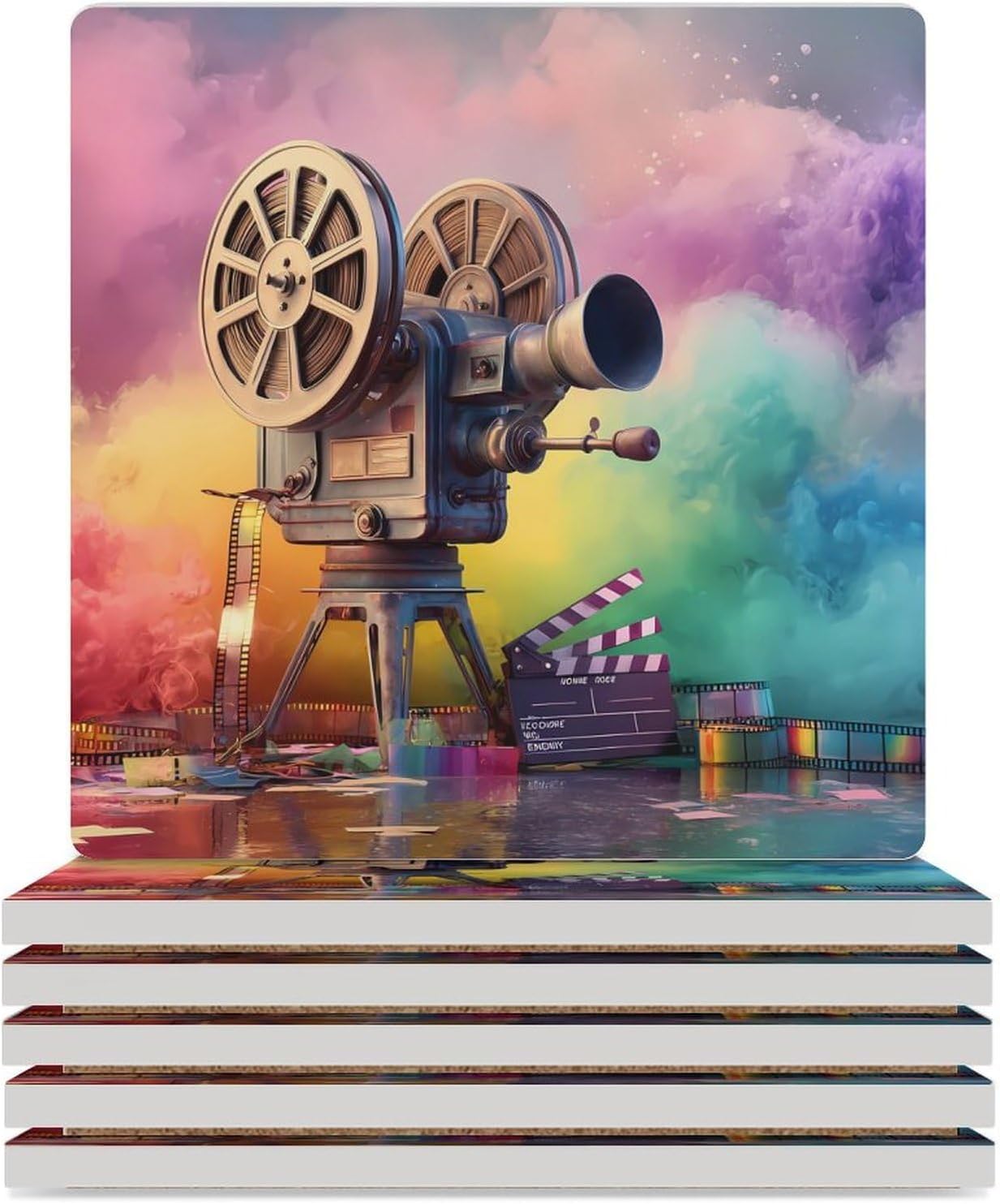 Movie Projector Film Chalkboard Coaster for Drinks Square Ceramic Table Coasters Stone Mat Crafts 4PCS Home Kitchen Decor