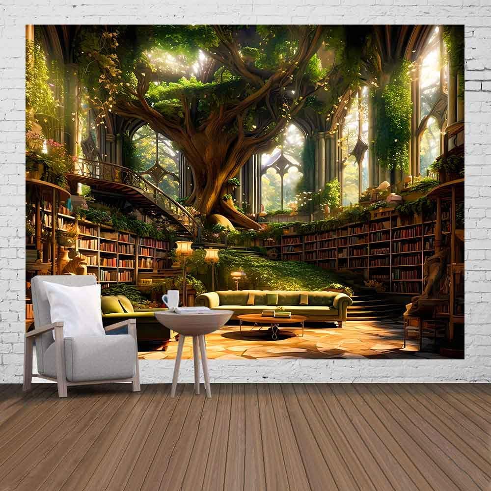 Ine Ive Fantasy Trees Tapestry Vintage Library Wall Tapestries 93x71inch Fairytale Palace Bookshelf Sofa Reading Poster Aesthetic for Bedroom Dorm Home Decorations