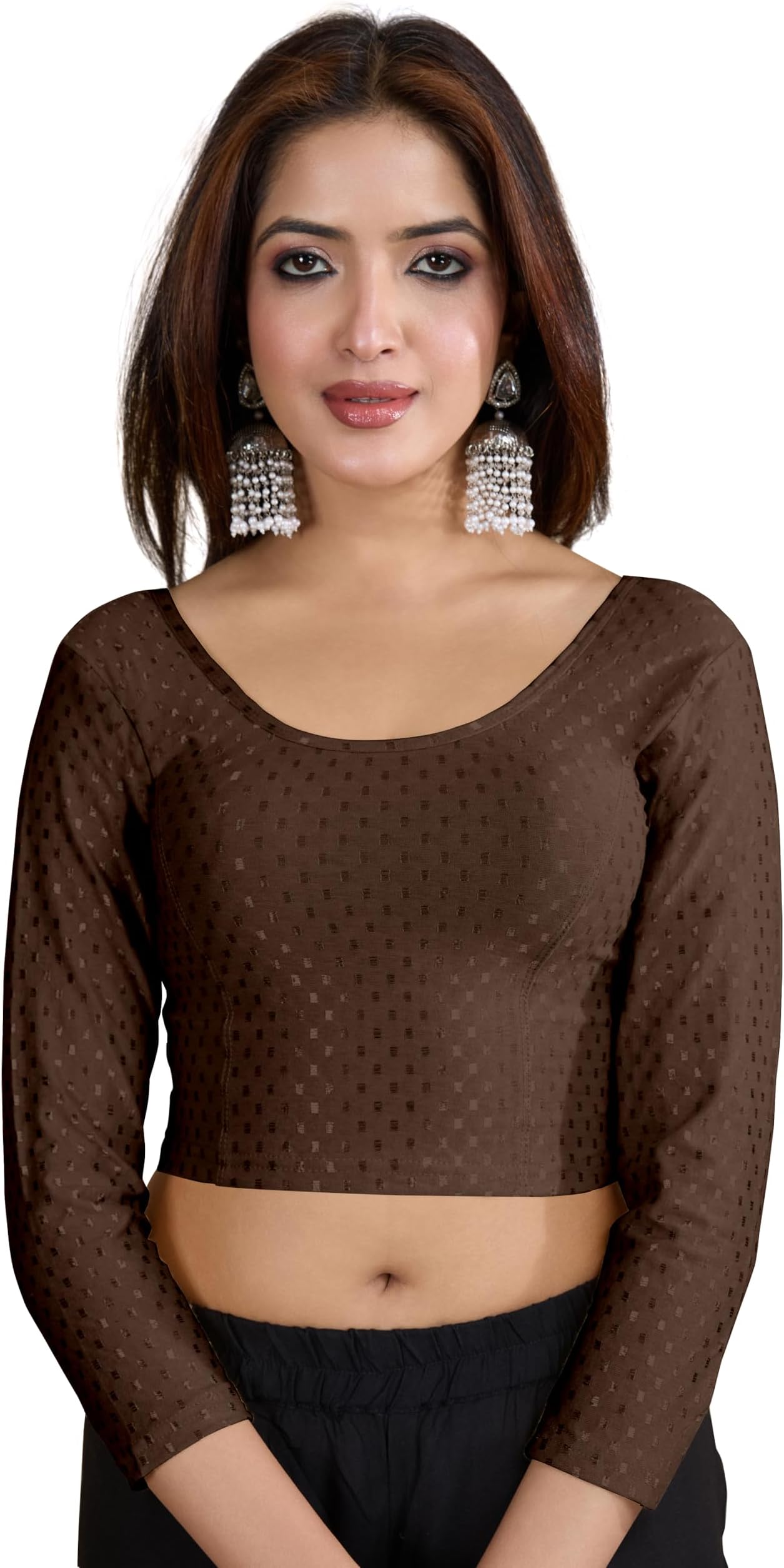 Women's Dobby Pure Cotton Elastin Stretchable Readymade Round Neck Full Length Sleeves Blouse Choli Stylish Saree Blouse Ready to Wear