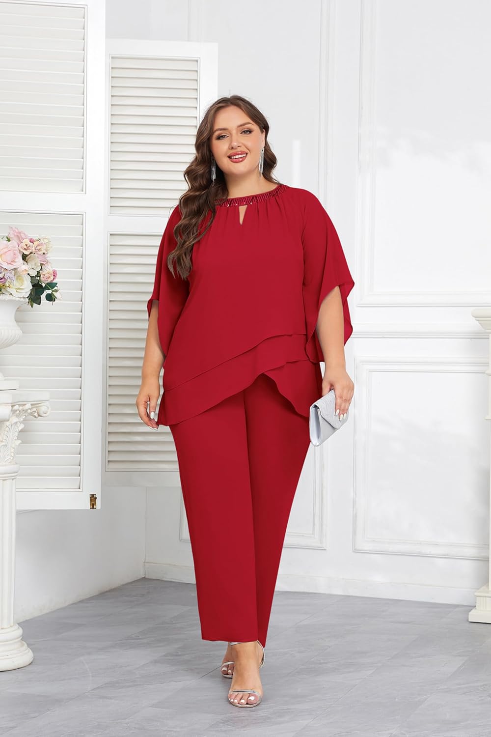Hanna Nikole Mother of Bride Pant Suits Plus Size Half Sleeve 2 Piece Chiffon Pantsuit Formal Wedding Guest Outfit - Image 2
