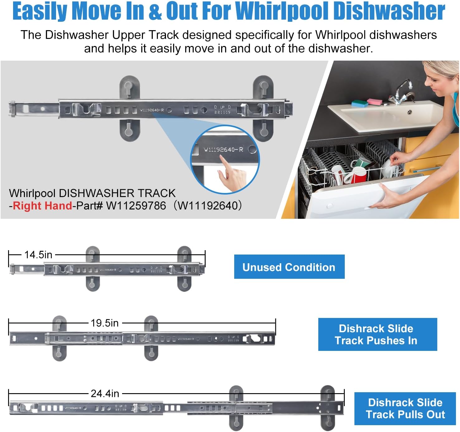 Upgraded WPW10546503 Dishwasher Top Rack Parts&W11259786 W11259785 Dishwasher Upper Dishrack Track Slide for Whirlpool Kenmore KitchenAid Dishwasher Parts KDTE334GPS0 KDTM354DSS4