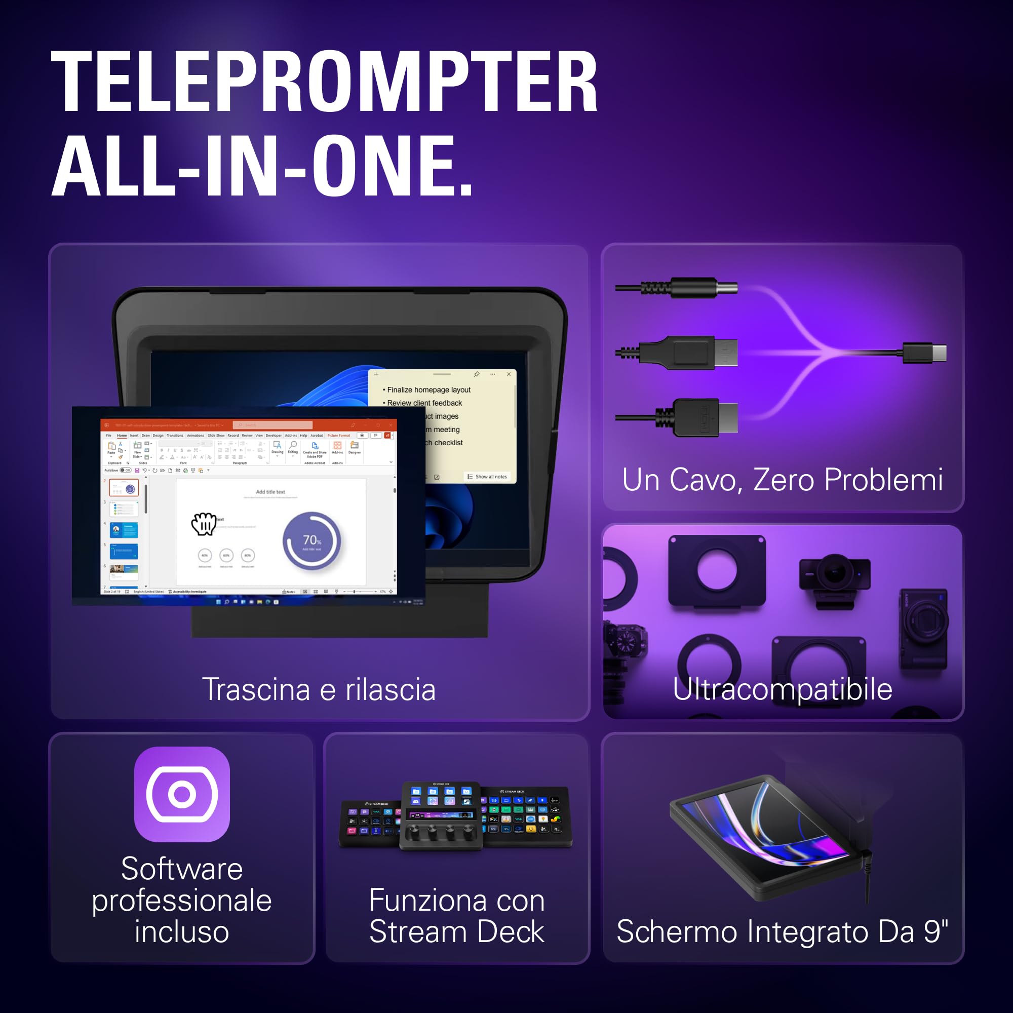 Elgato Prompter – Teleprompter con schermo integrato, YouTube, Twitch, Zoom, Teams e altro, supporta DSLR/Webcam/Smartphone, visualizzazione del monitor Drag & Drop, funziona con Mac/PC & Stream Deck