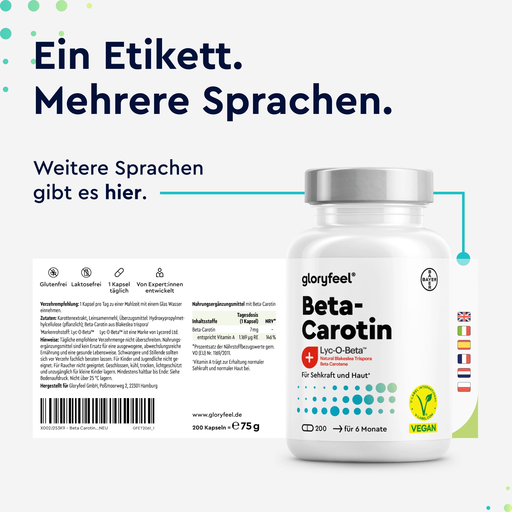 Beta-Carotin Bräunungskapseln 200 vegane Kapseln - Markenrohstoff Lyc-O-Beta® aus Blakeslea trispora - mit Karottenextrakt - Provitamin A für Sehkraft, Haut & Immunsystem* - in Deutschland entwickelt