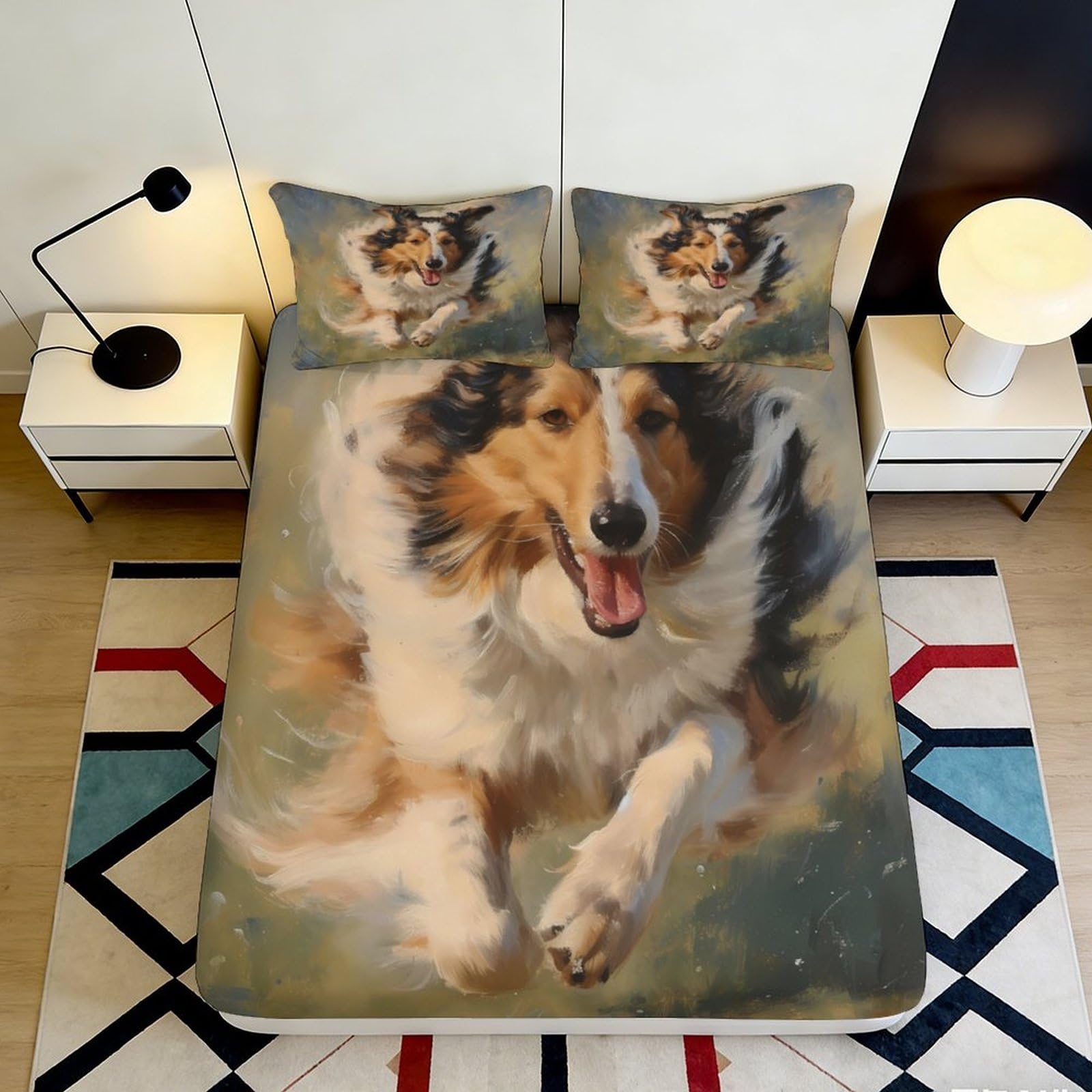 3D Printed Collie Dog Fitted Sheet, Microfiber soft touch, wrinkle resistant, Bed Sheet for bedroom, guest room, apartment bedding, anti-slip washable decor, 120x200cm 90x200x25cm