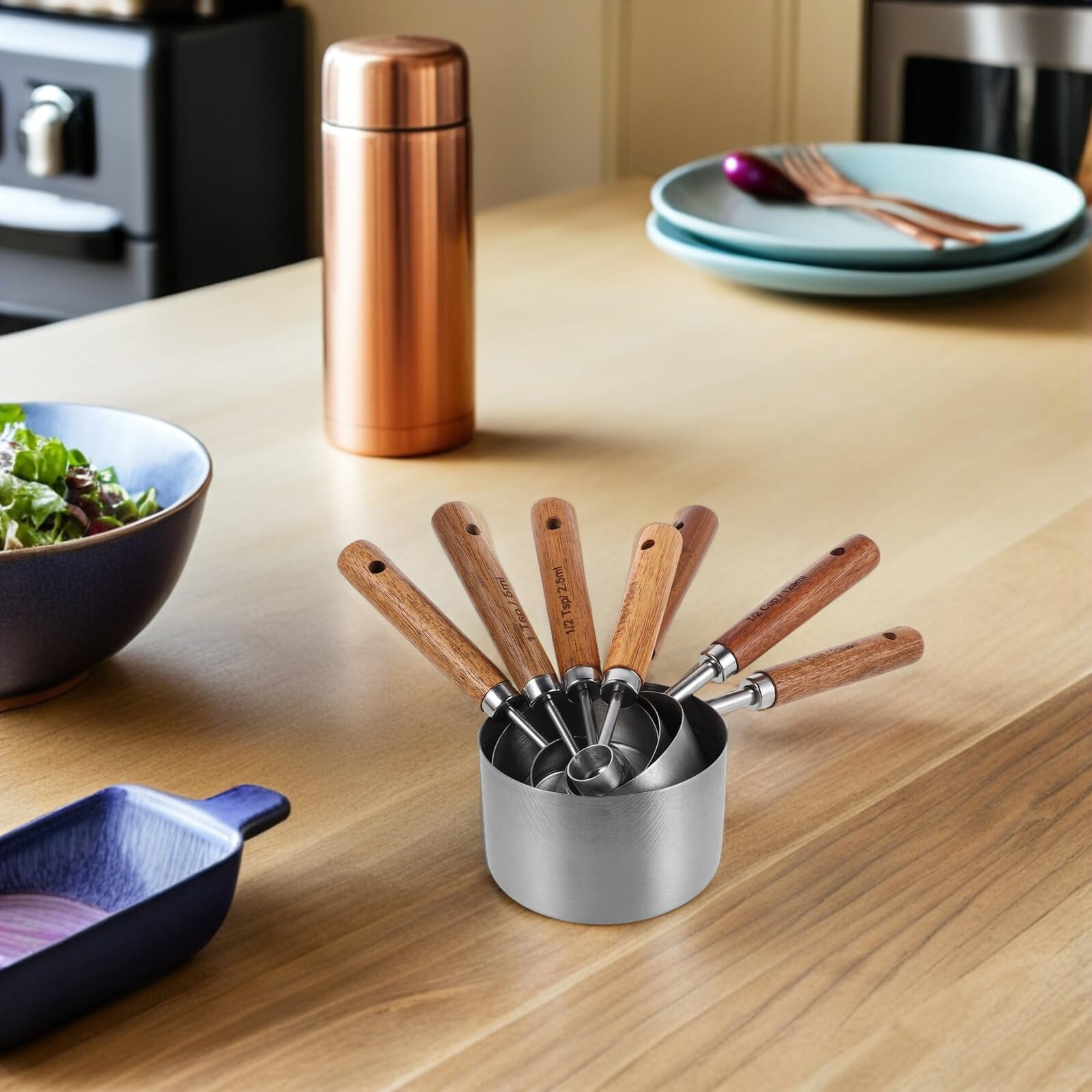 Artibetter Cuillères et Tasses à Mesurer Poignée en Bois Antidérapante Ensemble de 8 en Acier Inoxydable pour Professionnels Cuisine et Pâtisserie