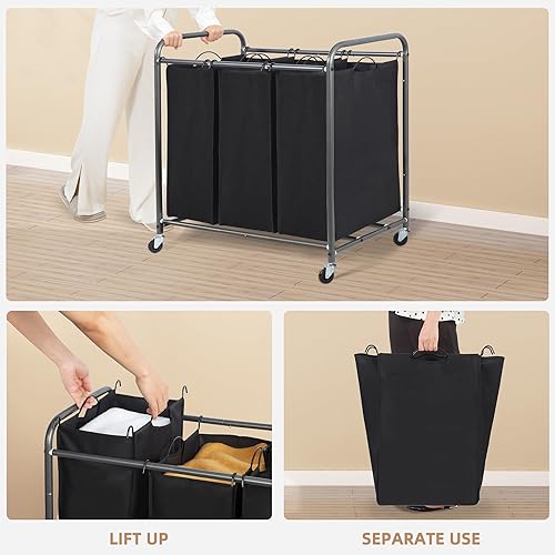 Miniatura 4 de STORAGE MANIAC Clasificador de ropa sucia de 3 secciones, carrito de 3 bolsas con ruedas enrollables resistentes y bolsas extraíbles, organizador de