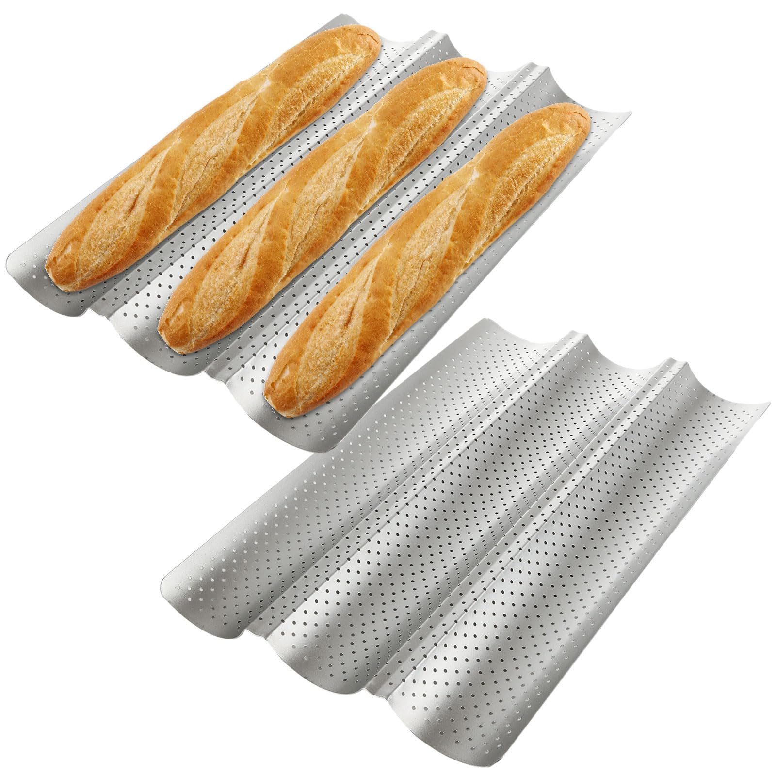 2 Pack 38 x 24.5cm Baguette Baking Tray, Carbon Steel Baguette Pan, Perforated French Stick Loaf Baking Mold Pan for 3 Baguettes
