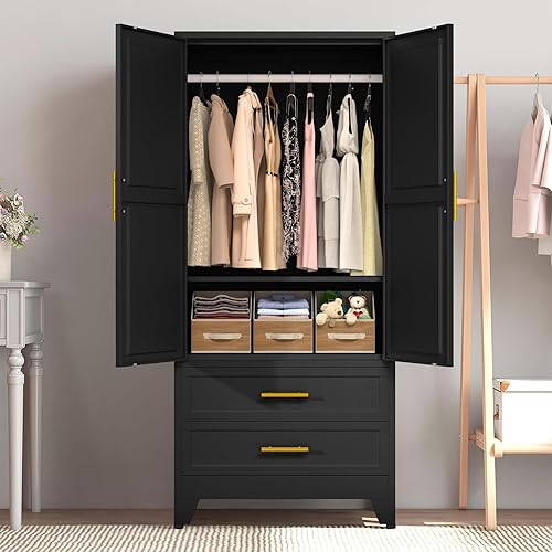 Miniatura 10 de Armario Ropero de Metal de 60" con 1 Cajón, Closet Alto Independiente Arqueado de 2 Puertas para Almacenamiento de Ropa con Estantes Ajustables y